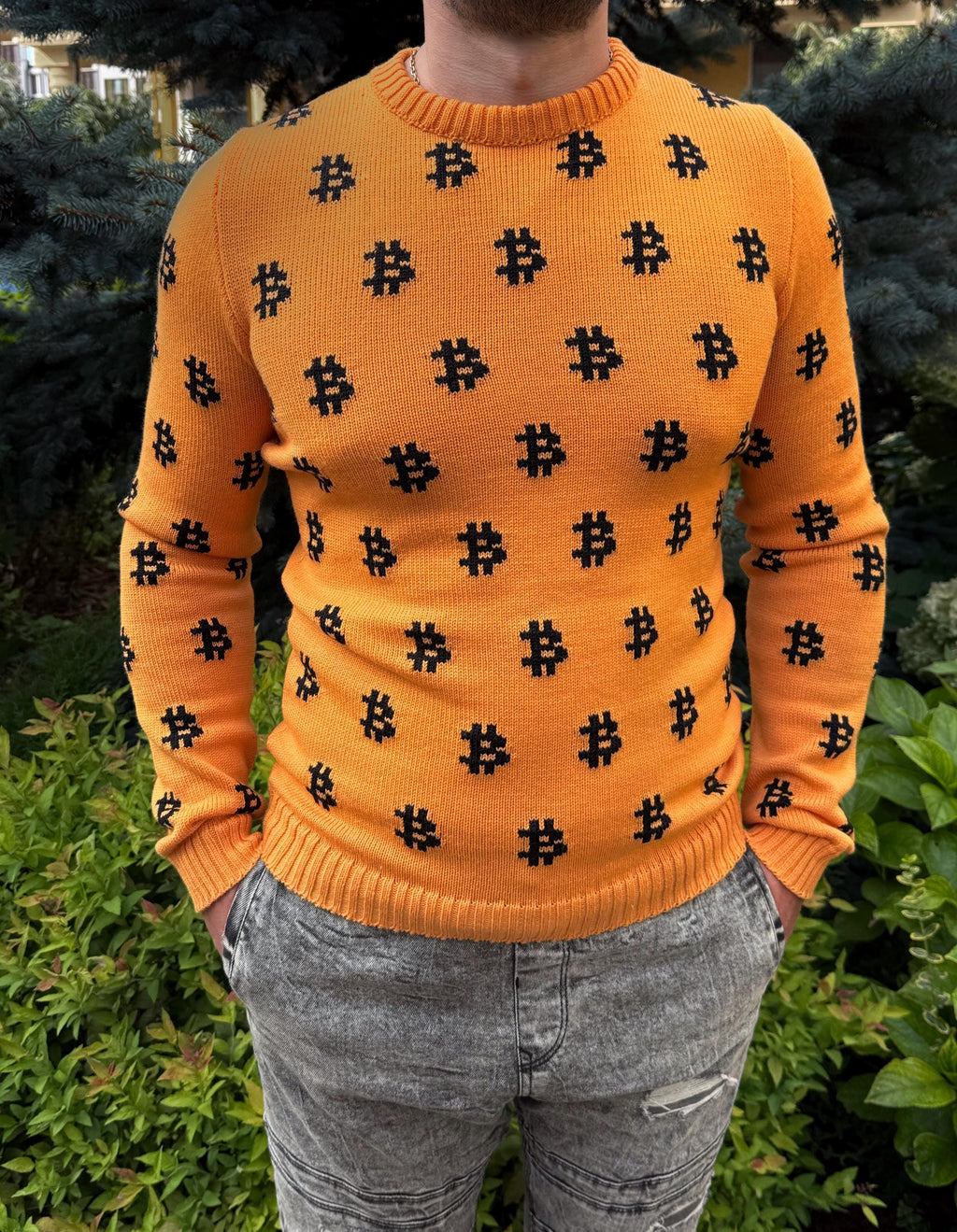 Hand knit mens «В» orange black sweater Crypto clothing Knitted merino funny sweater for him Bitcoin Unisex Crypto Sweater Funny Sweatshirt