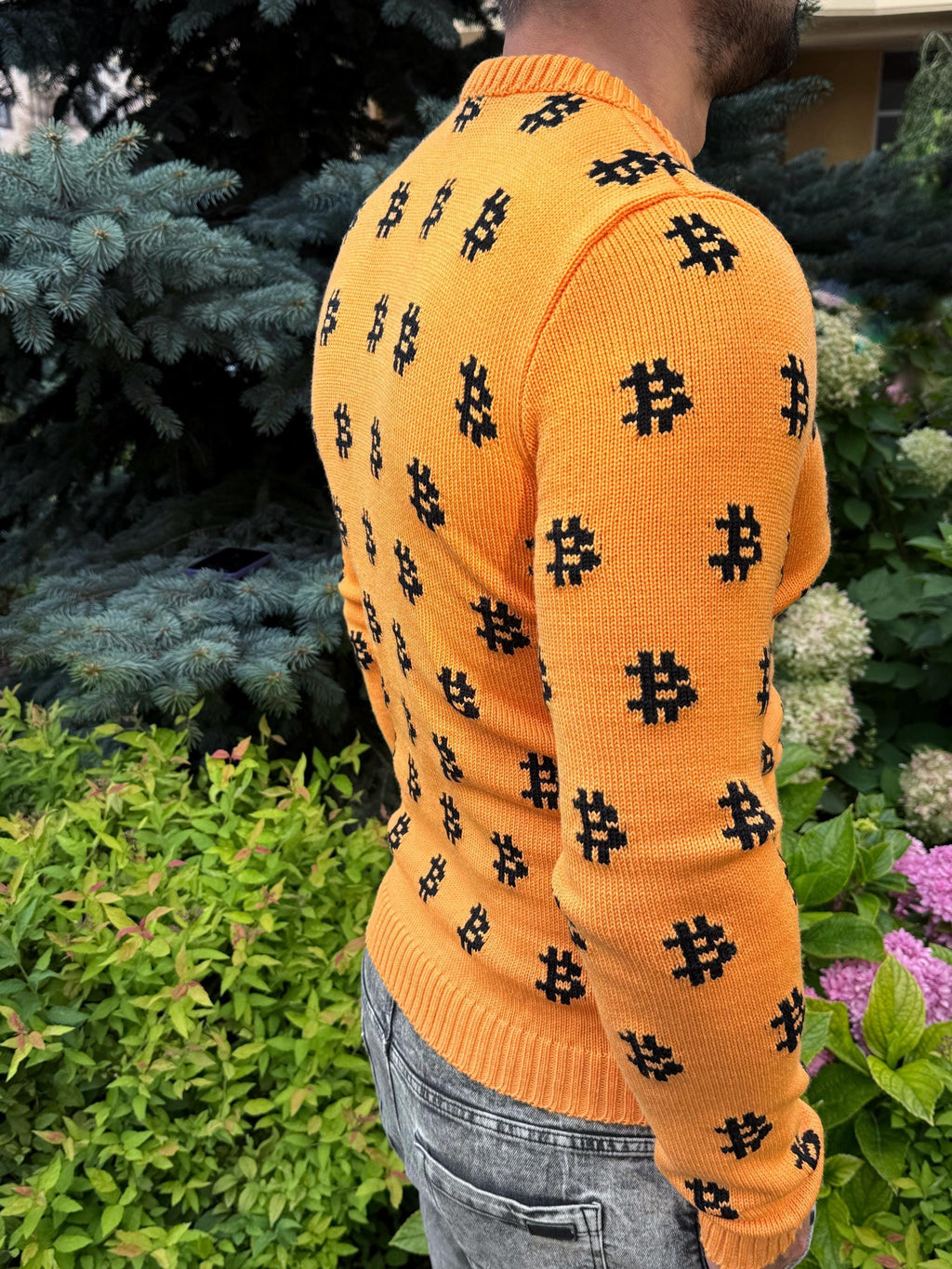 Hand knit mens «В» orange black sweater Crypto clothing Knitted merino funny sweater for him Bitcoin Unisex Crypto Sweater Funny Sweatshirt
