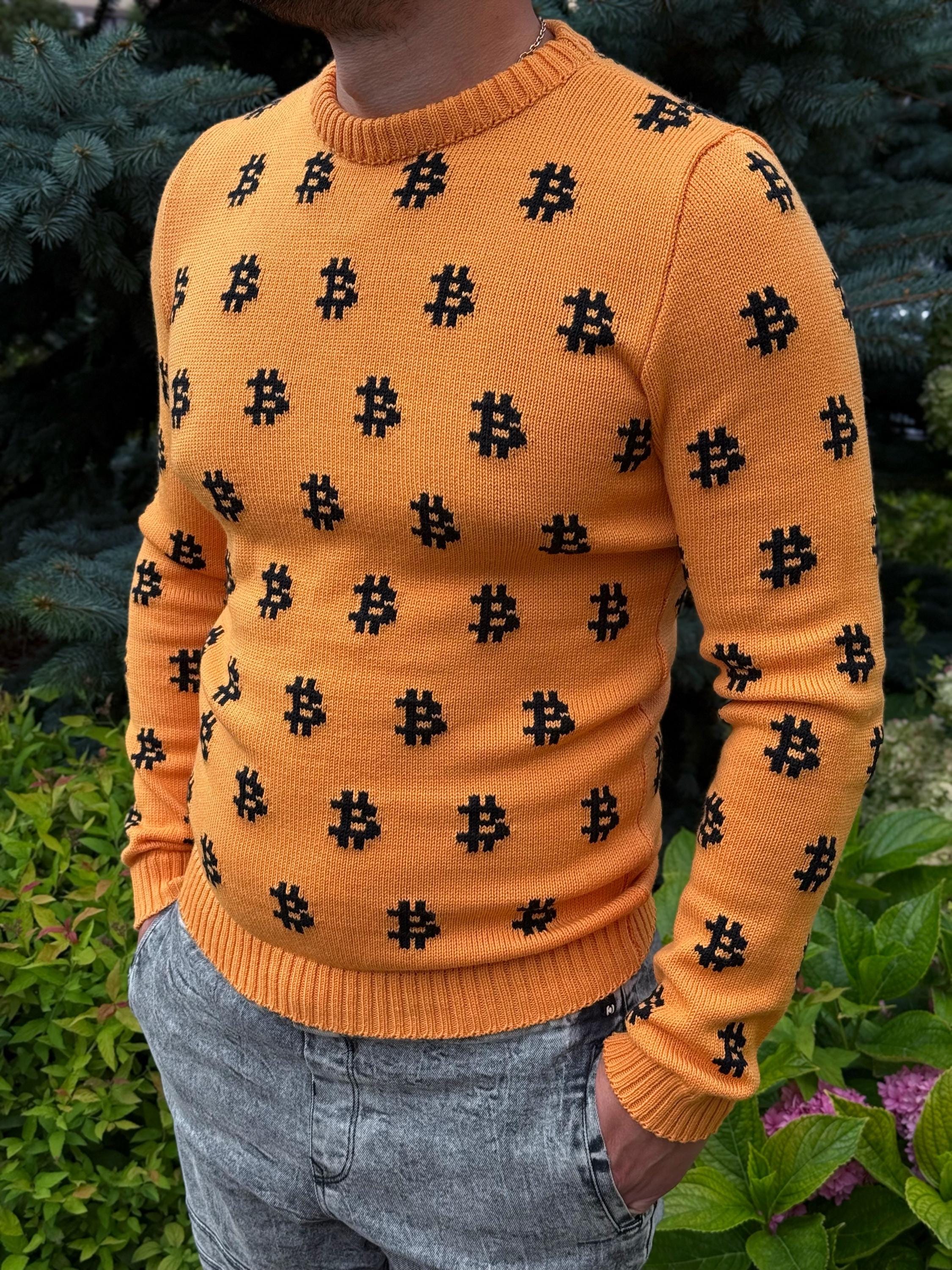 Hand knit mens «В» orange black sweater Crypto clothing Knitted merino funny sweater for him Bitcoin Unisex Crypto Sweater Funny Sweatshirt