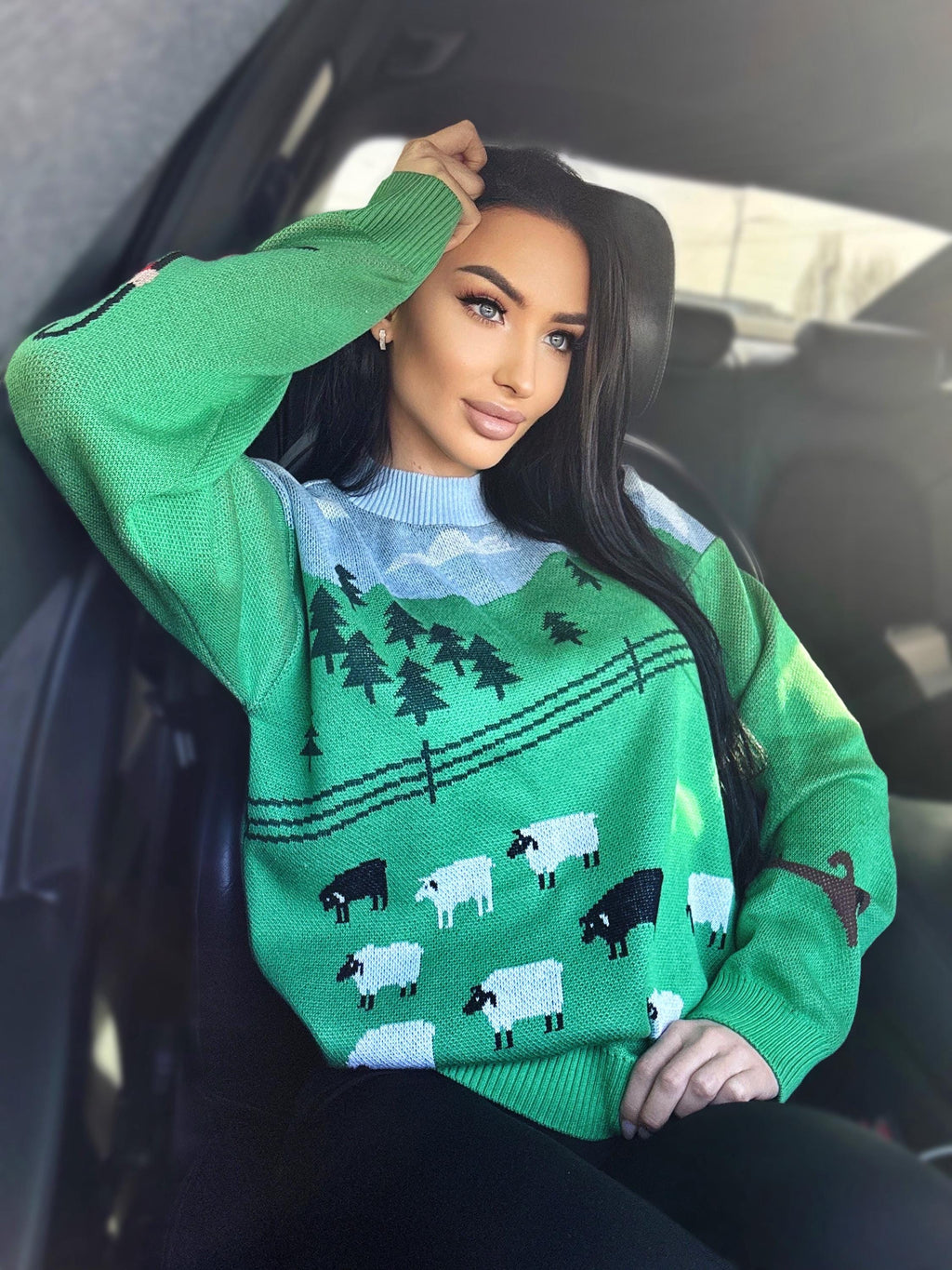 Knit green soft cotton white black sheep sweater womens Green lawn White sheep pullover Light blue green Fall sweater unisex Ready to send
