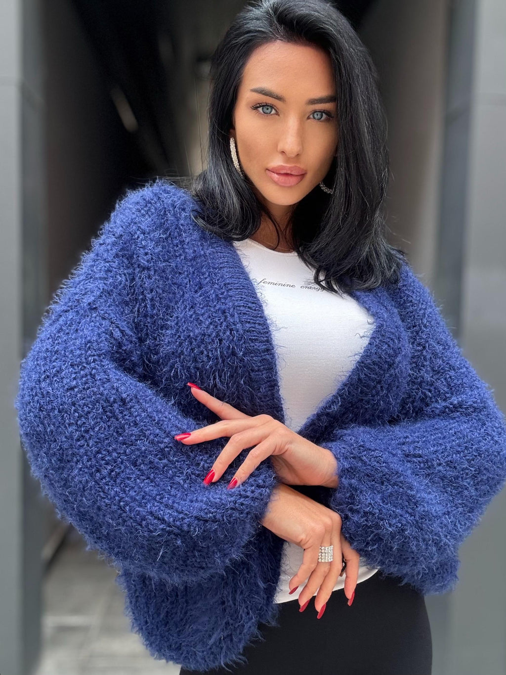 Wool free/ merino wool mix Royal blue cardigan women Wool substitute sweater knitted coat Jacket Bridal shrug bolero Fluffy short cardigan