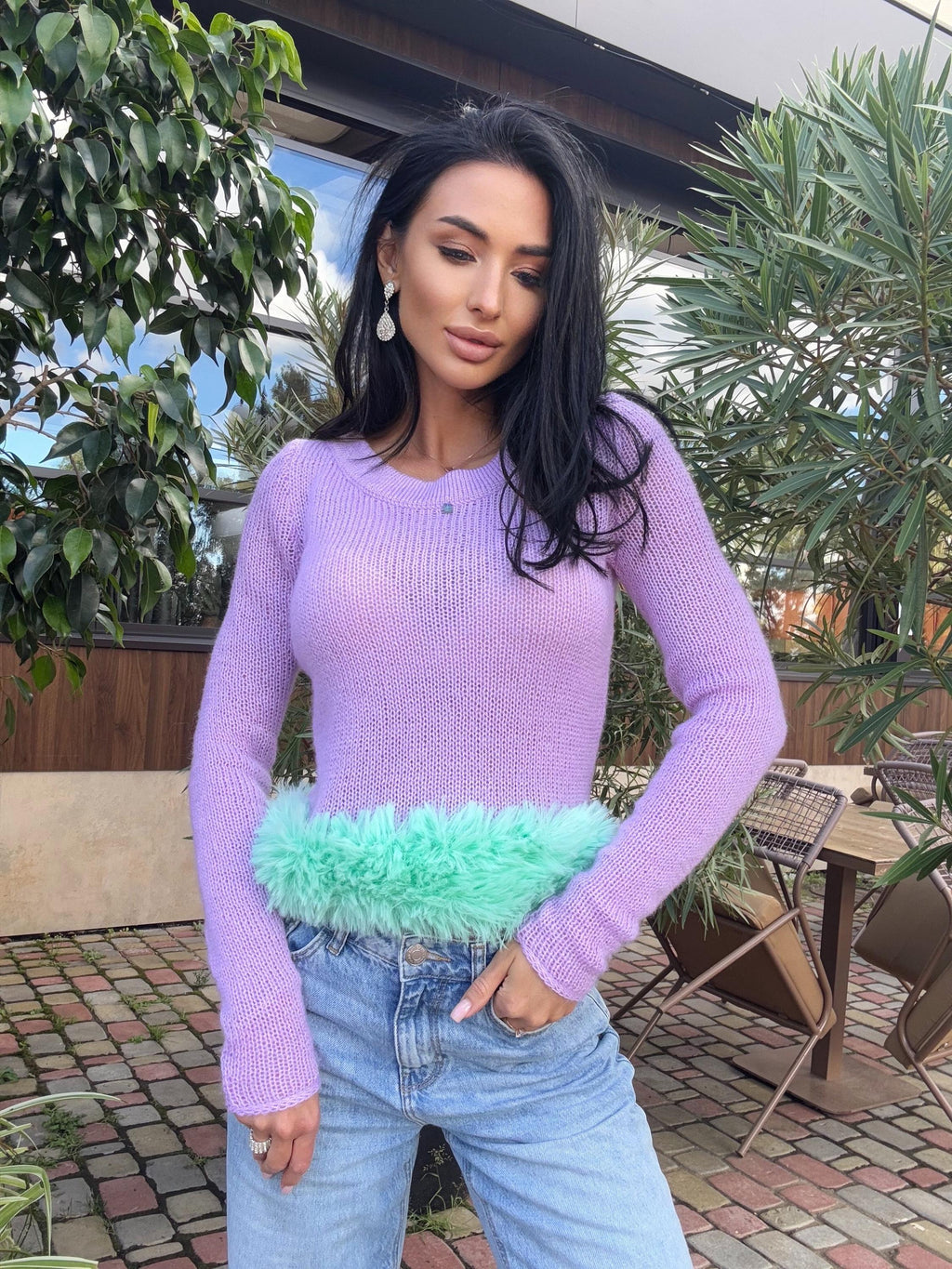 Cropped mohair lilac sweater with blue imitation feathers Pink crop fuzzy pullover skinny long sleeves boat neck Party sweater blue feathers