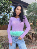 Cropped mohair lilac sweater with blue imitation feathers Pink crop fuzzy pullover skinny long sleeves boat neck Party sweater blue feathers