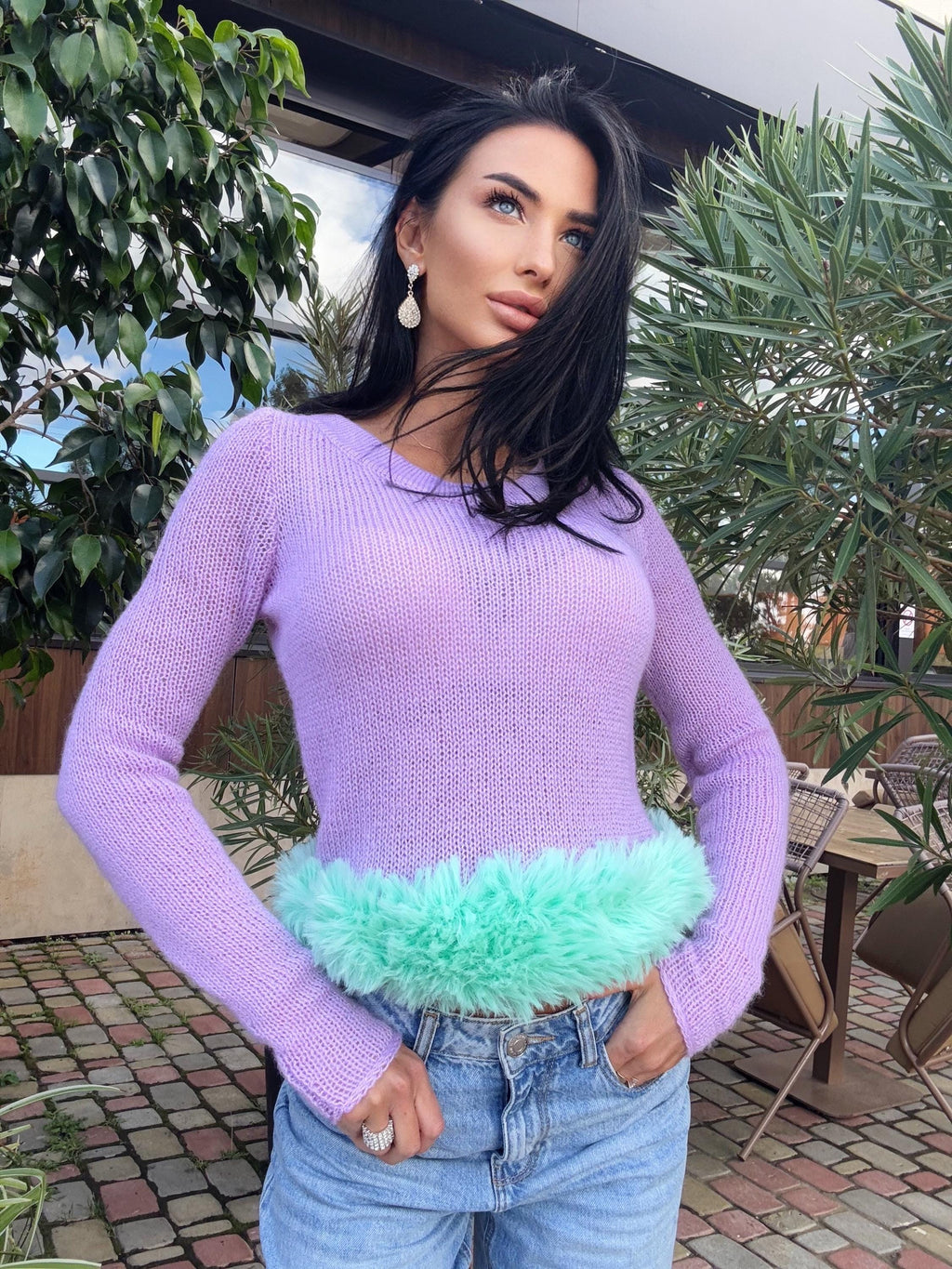 Mohair wool hand knit crop lilac thin sweater longsleev with light green imitation feathers Pink crop fuzzy pullover skinny boat neck