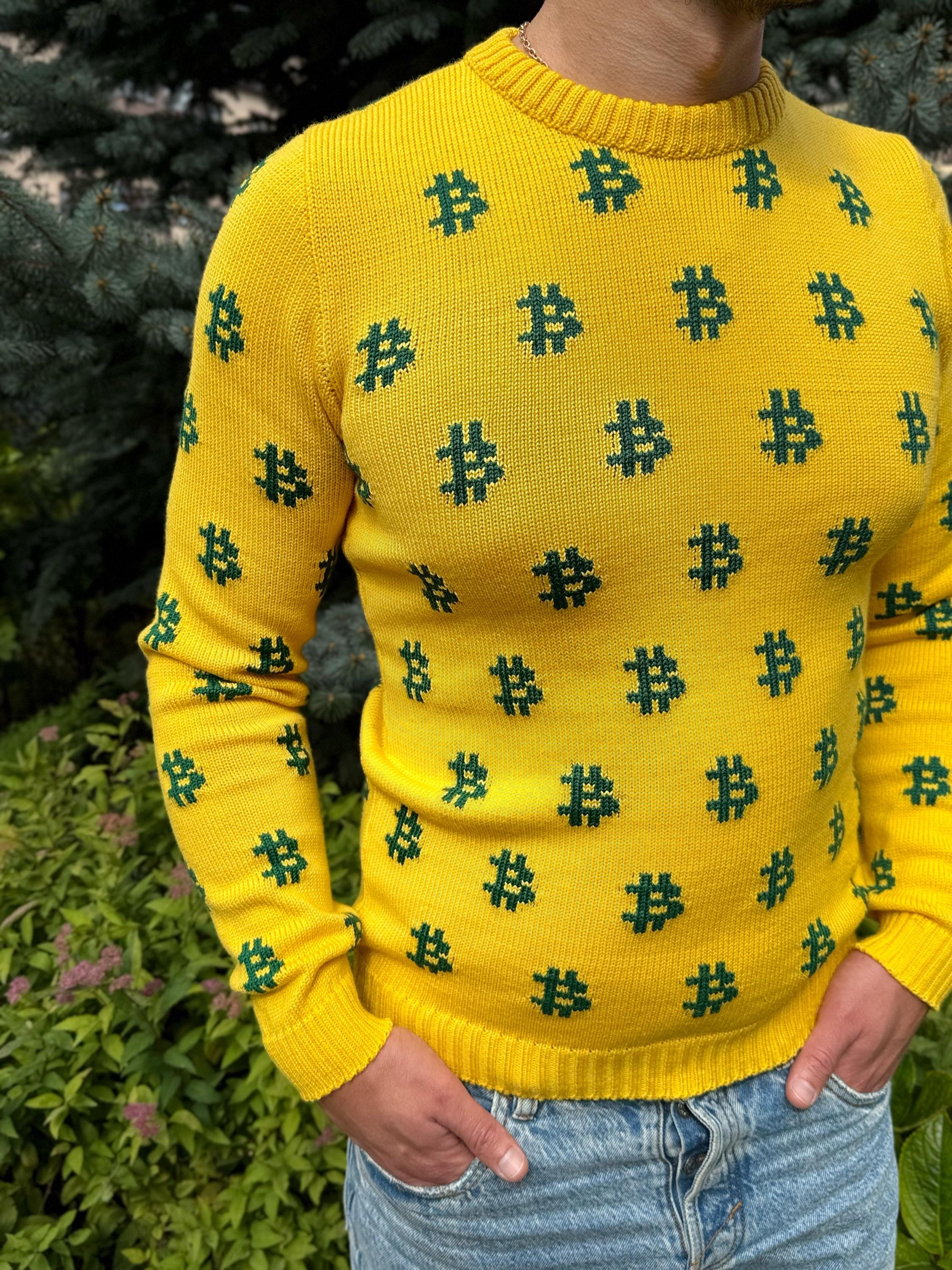 Men Bitcoin knit sweater yellow green Crypto clothing Knitted merino funny sweater for him Bitcoin Unisex Crypto Sweater Funny Sweatshirt