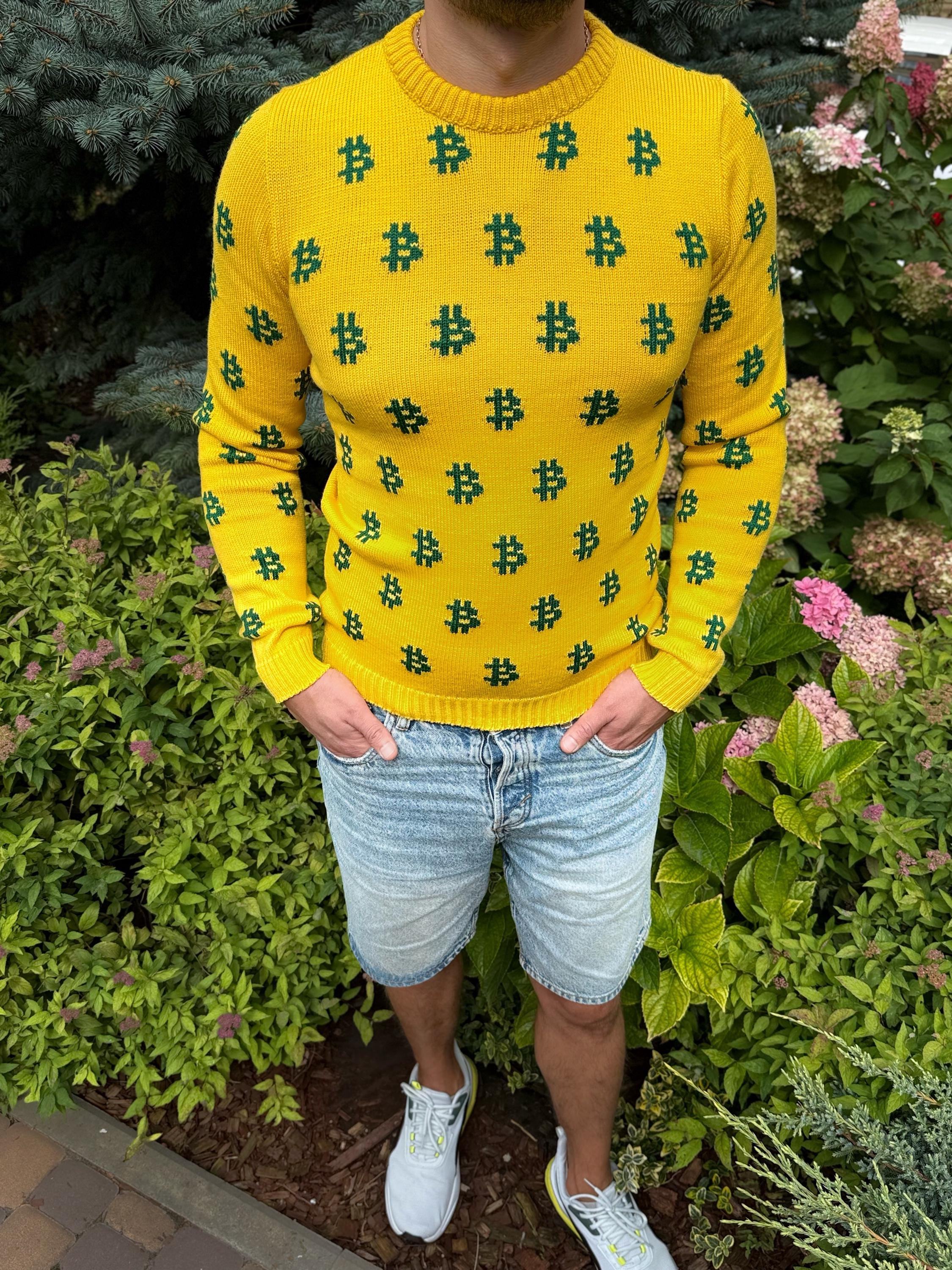 Men Bitcoin knit sweater yellow green Crypto clothing Knitted merino funny sweater for him Bitcoin Unisex Crypto Sweater Funny Sweatshirt