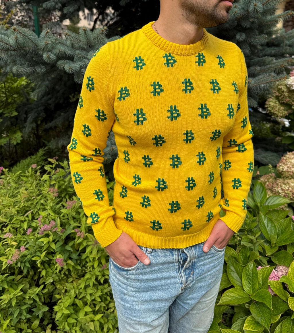 Men Bitcoin knit sweater yellow green Crypto clothing Knitted merino funny sweater for him Bitcoin Unisex Crypto Sweater Funny Sweatshirt