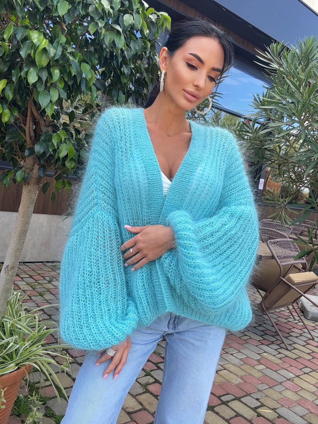 Mohair cardigan Blue Turquoise women Wedding cardigan Mohair sweater White knitted coat Jacket Women Bridal shrug bolero wool short cardigan