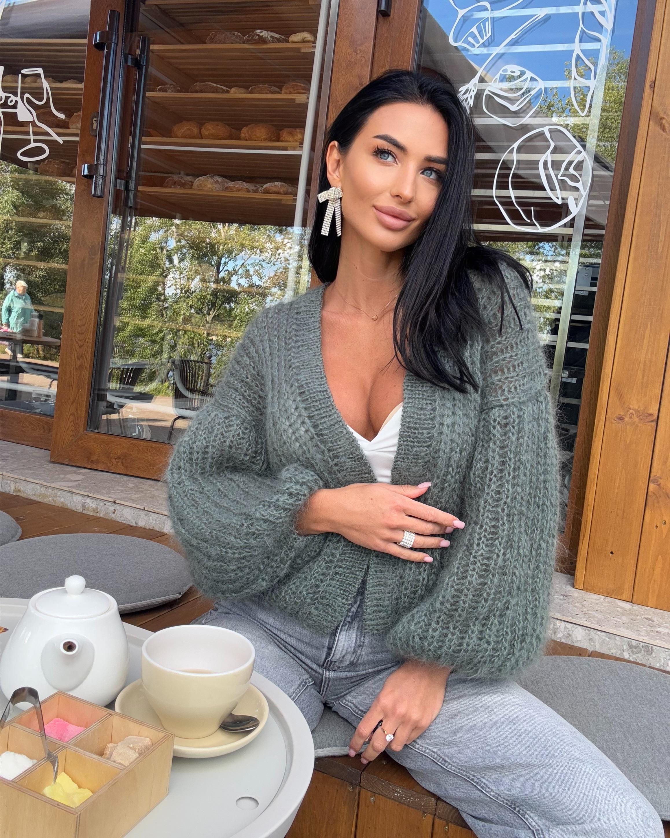 Mohair wool cropped Khaki Green cardigan bomber women Mohair sweater knitted coat Jacket Casual shrug bolero Fluffy short cardigan
