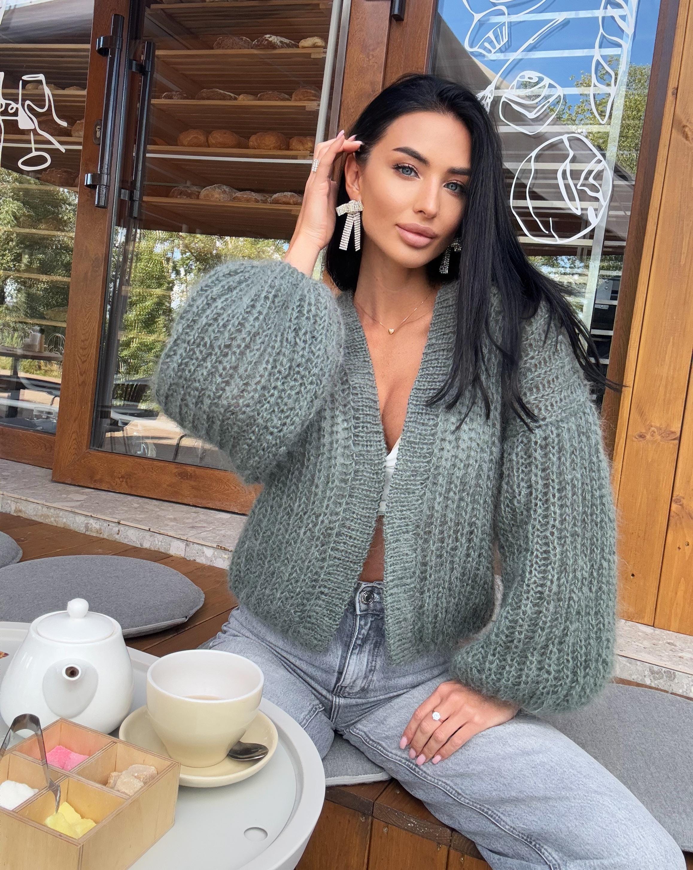 Mohair wool cropped Khaki Green cardigan bomber women Mohair sweater knitted coat Jacket Casual shrug bolero Fluffy short cardigan