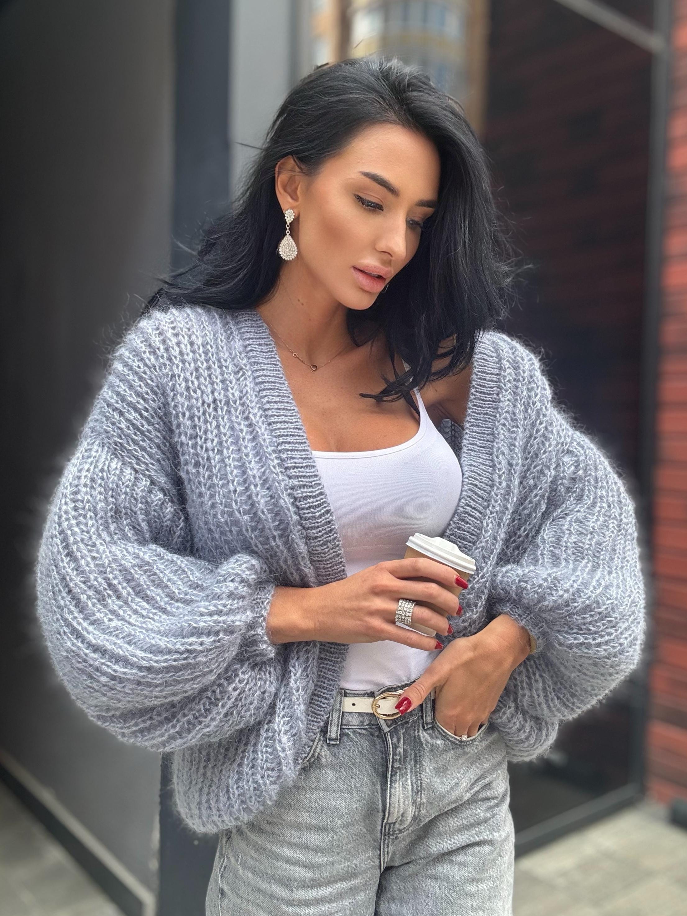 Mohair Light gray cardigan women Wedding cardigan Mohair sweater Knitted coat Jacket Women Wool Fluffy short soft crop merino cardigan