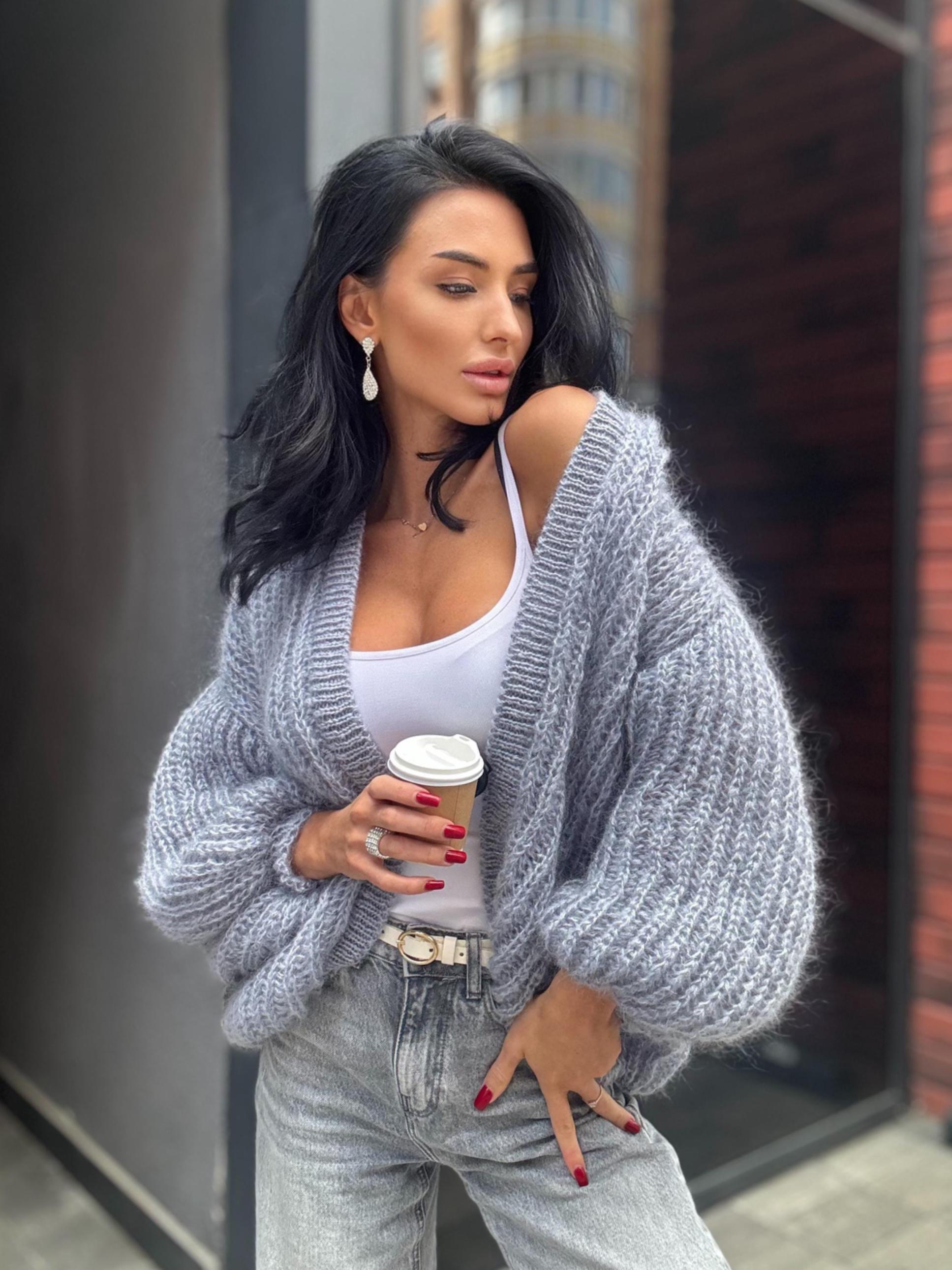 Mohair Light gray cardigan women Wedding cardigan Mohair sweater Knitted coat Jacket Women Wool Fluffy short soft crop merino cardigan