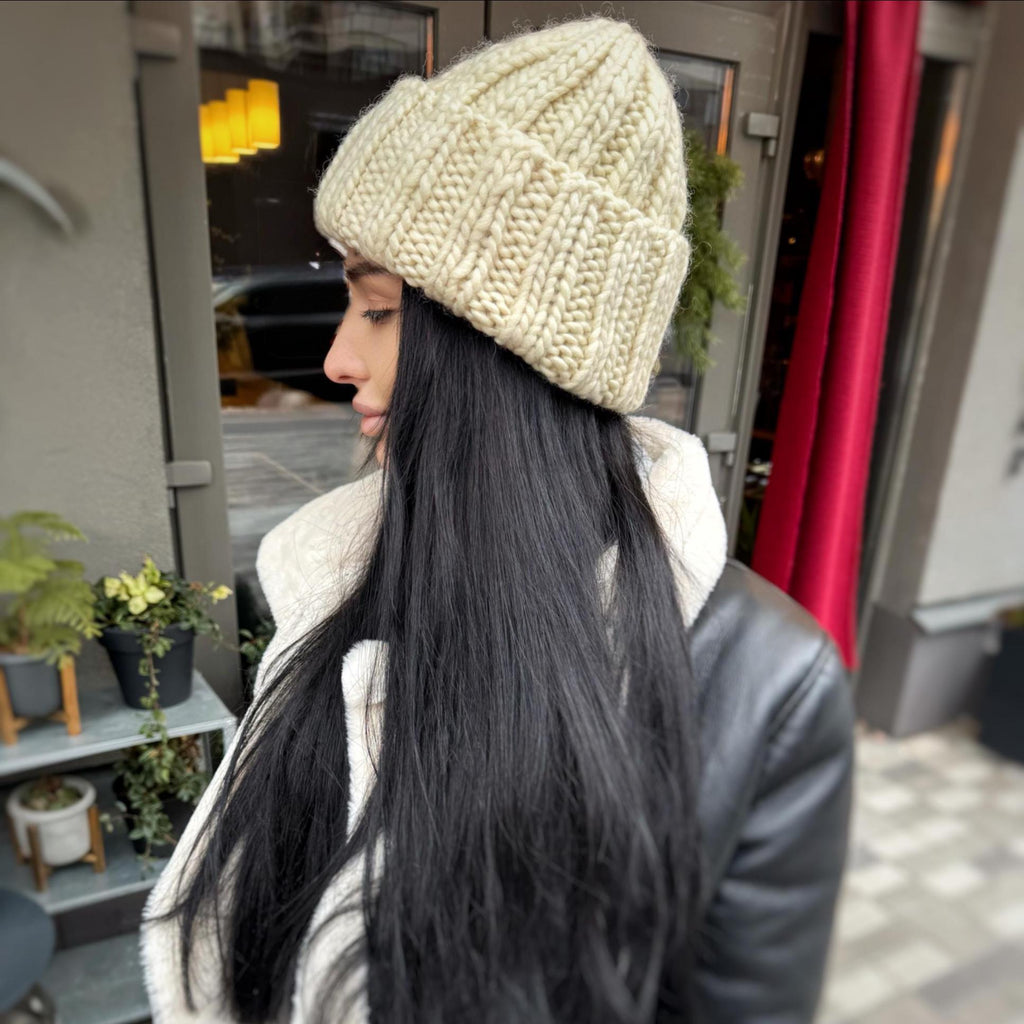 Australian wool chunky hand knit milk Beanie Winter knit hat Big warm winter bulky knitted hat White Beige Pastel knit hand hat