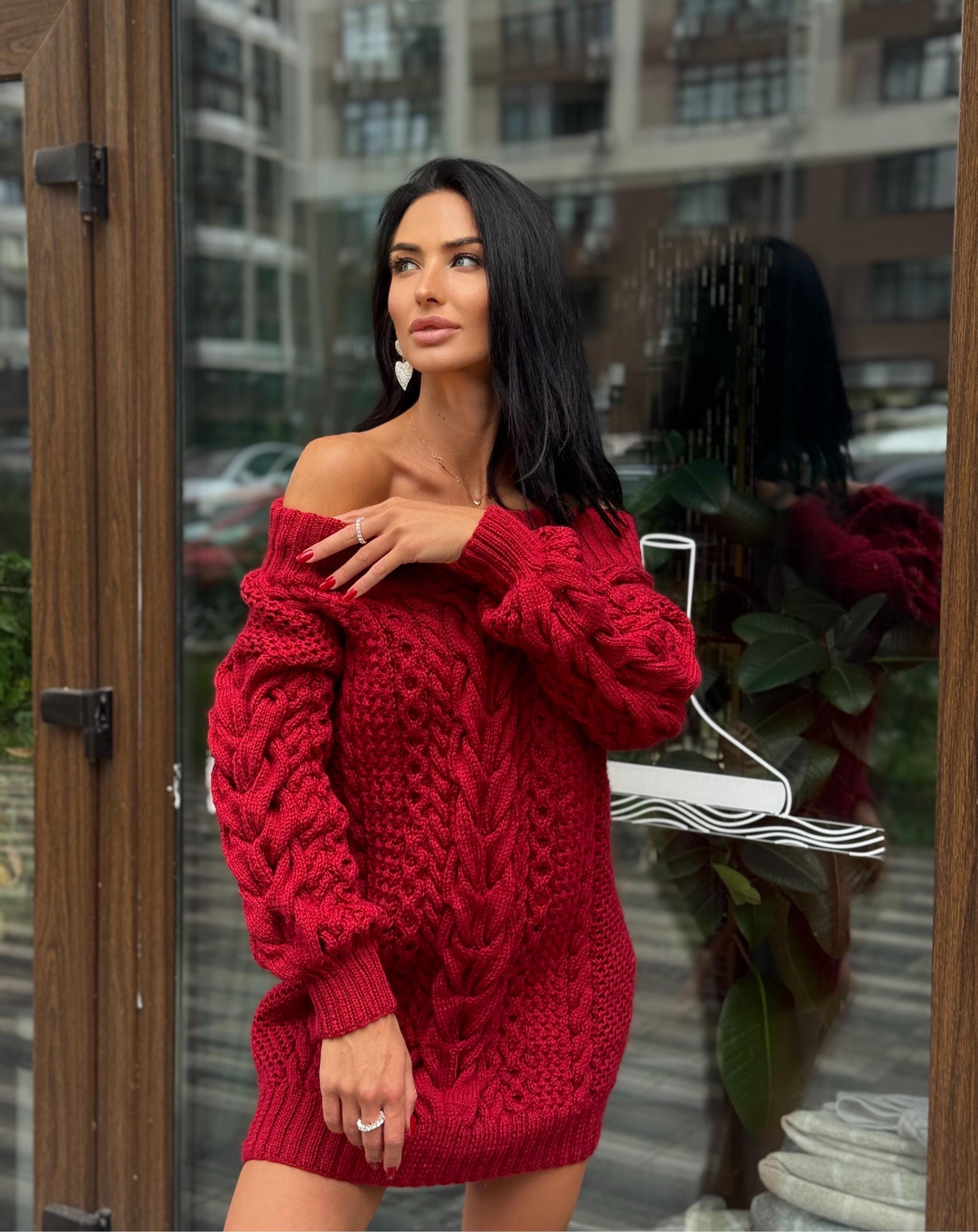 Hand knit merino wool red burgundy sweater dress women Cable knit sweater open shoulders Long wool sweater braids knit dress one shoulder