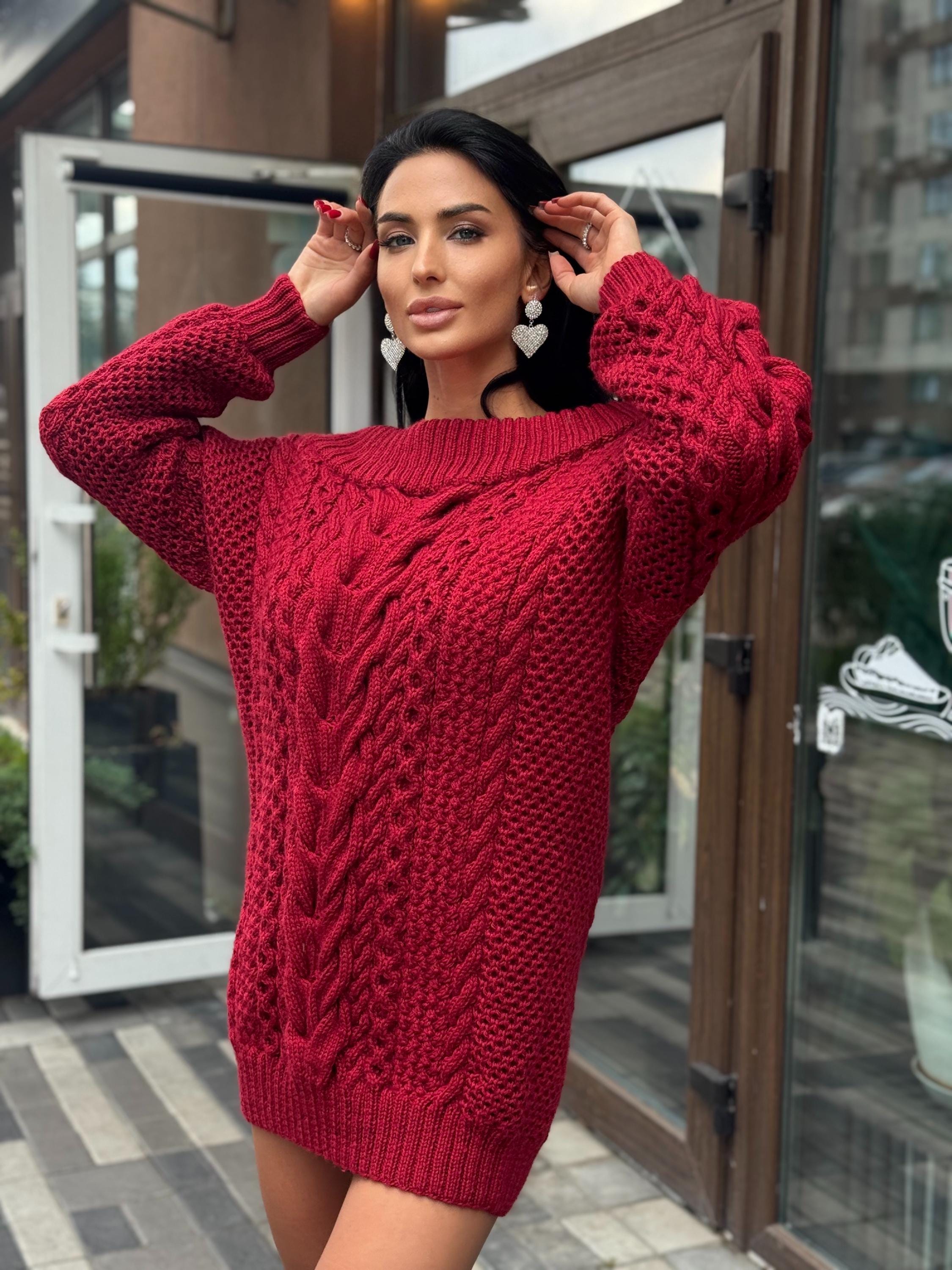 Hand knit merino wool red burgundy sweater dress women Cable knit sweater open shoulders Long wool sweater braids knit dress one shoulder