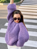 Chunky hand knit alpaca wool soft violet sweater purple Hand knit Pastel sweater Cable knit crop pullover Big cozy sweater for women
