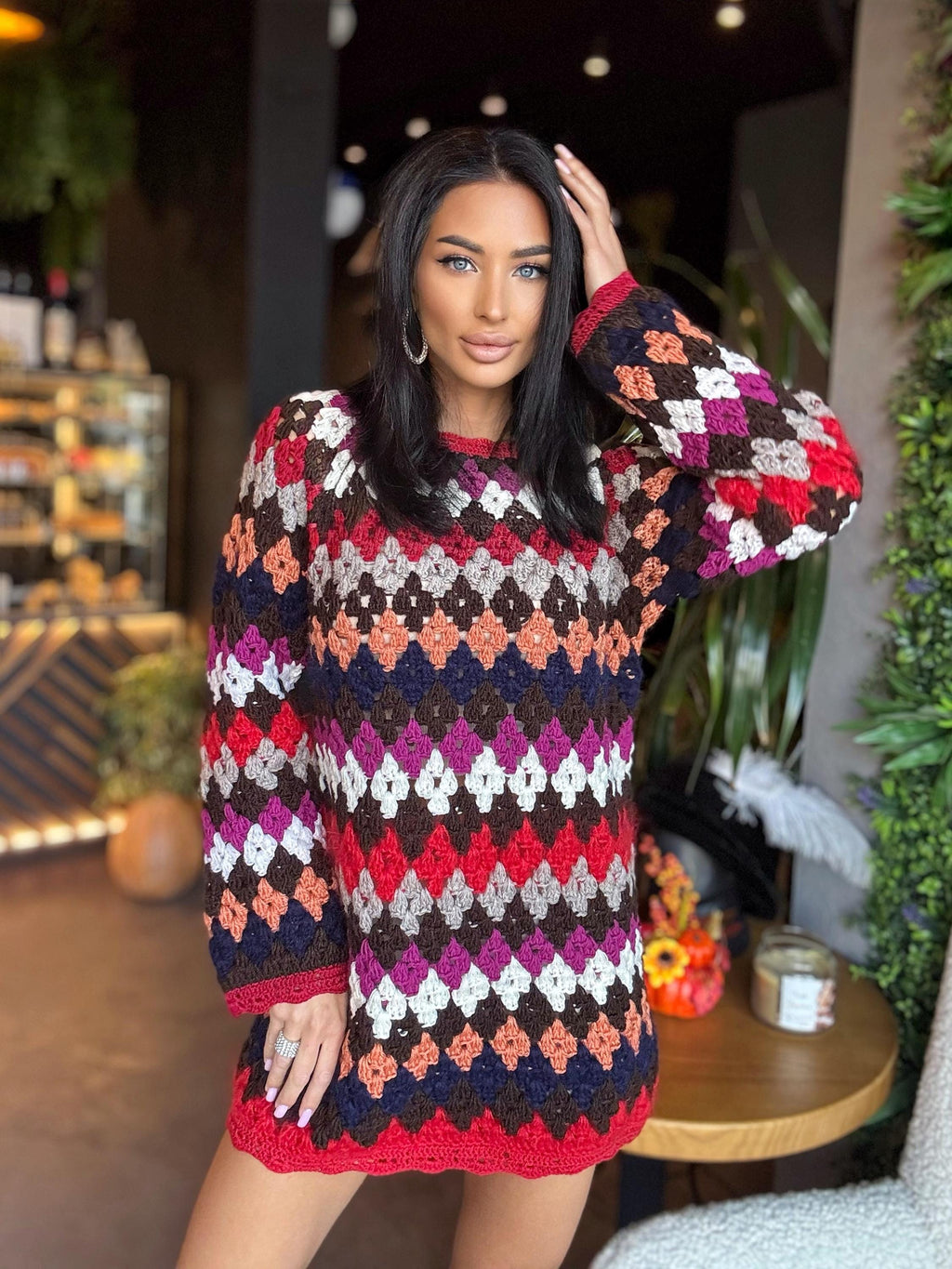 Crochet wool red white striped sweater dress Crochet afghan dress Boho crochet dress Colorful mini dress Vintage Dress Granny square dress