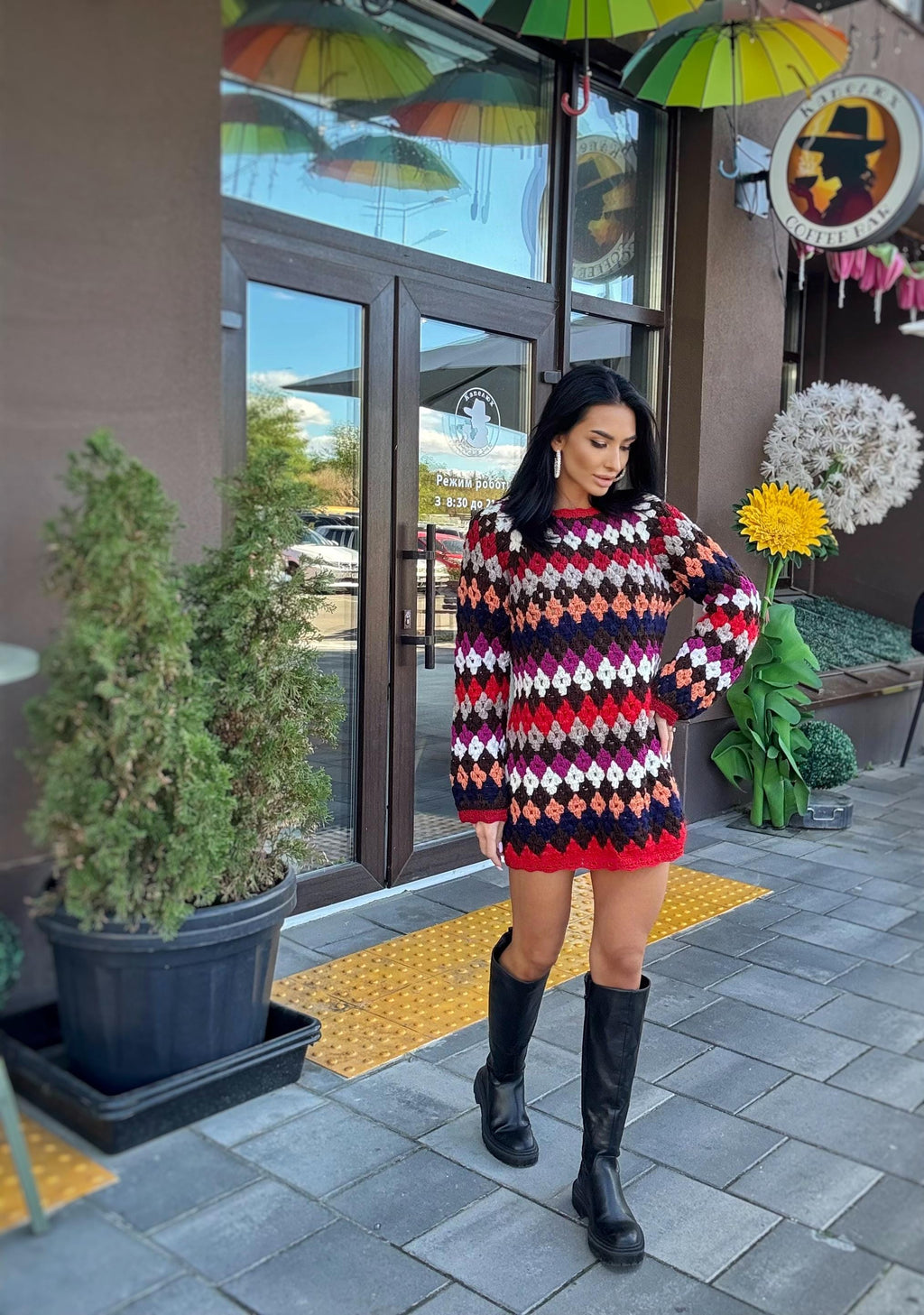 Crochet wool red white striped sweater dress Crochet afghan dress Boho crochet dress Colorful mini dress Vintage Dress Granny square dress