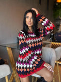 Crochet wool red white striped sweater dress Crochet afghan dress Boho crochet dress Colorful mini dress Vintage Dress Granny square dress