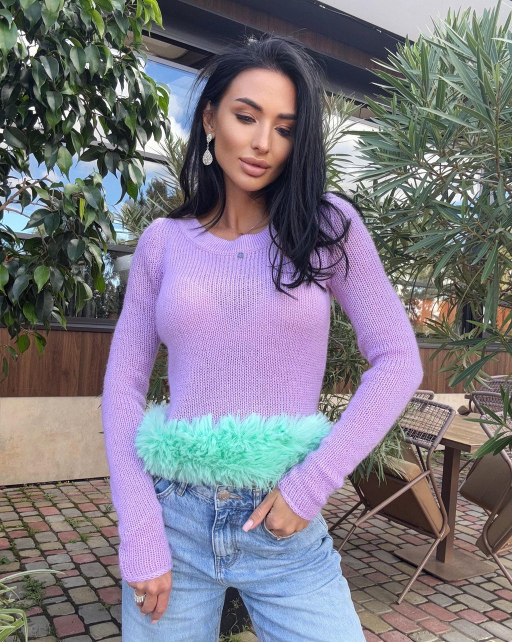 Mohair wool hand knit crop lilac thin sweater longsleev with light green imitation feathers Pink crop fuzzy pullover skinny boat neck