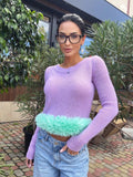 Mohair wool hand knit crop lilac thin sweater longsleev with light green imitation feathers Pink crop fuzzy pullover skinny boat neck