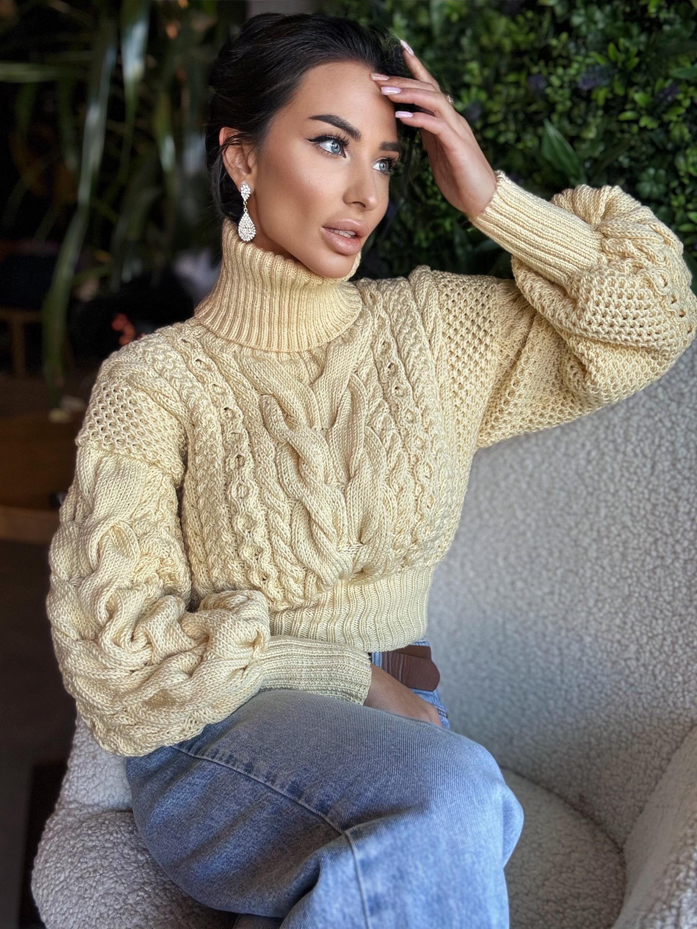 Cropped wool aran cream milk pastel hand knitted sweater Chunky Knit Turtleneck Oversiz Pullover Womens Cable knit merino wool winter jumper