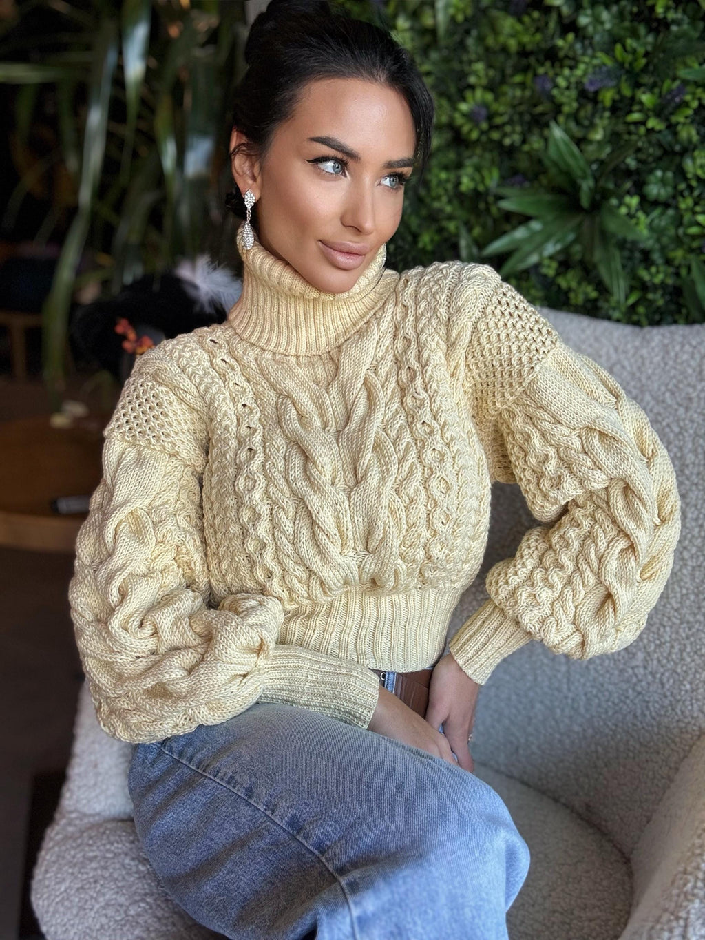 Cropped wool aran cream milk pastel hand knitted sweater Chunky Knit Turtleneck Oversiz Pullover Womens Cable knit merino wool winter jumper