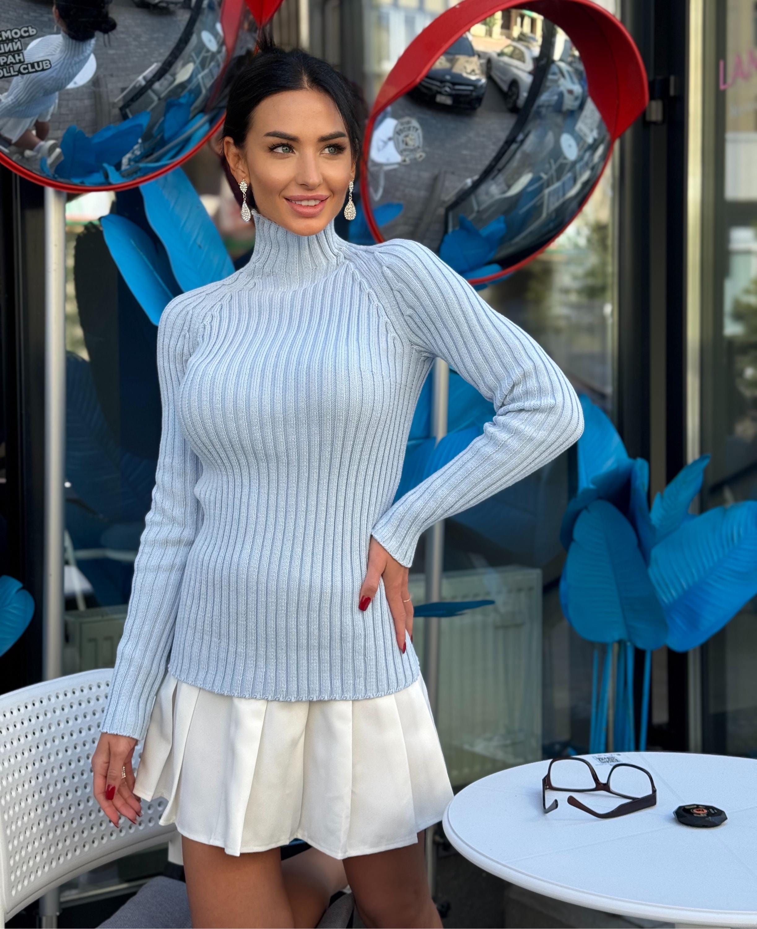 Organic Cotton or wool knitted light blue turtleneck women Ribbed Knit sweater long sleeve sweater Comfortable body-friendly Turtle neck