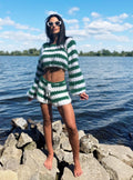 Fluffy crochet Lounge Set Oversized crop sweater Slit shorts Soft cozy homewear Travel outfit Festival clothing Two piece striped suit