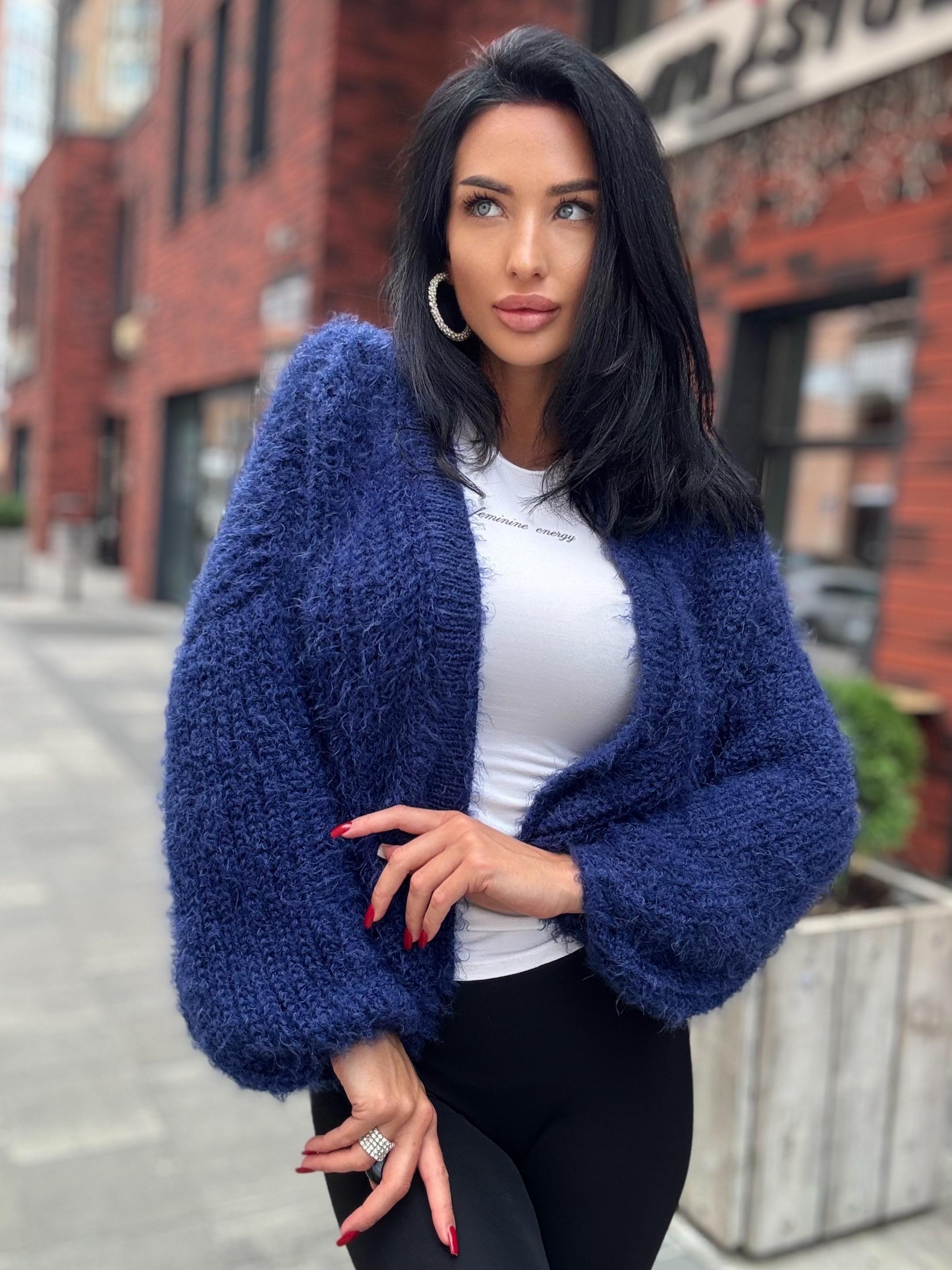 Wool free/ merino wool mix Royal blue cardigan women Wool substitute sweater knitted coat Jacket Bridal shrug bolero Fluffy short cardigan