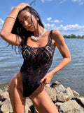 Crochet Bodysuit Black One Piece Beachwear Festival Outfit Boho Swimwear Sexy Knit Monokini Summer Beach Bodysuit