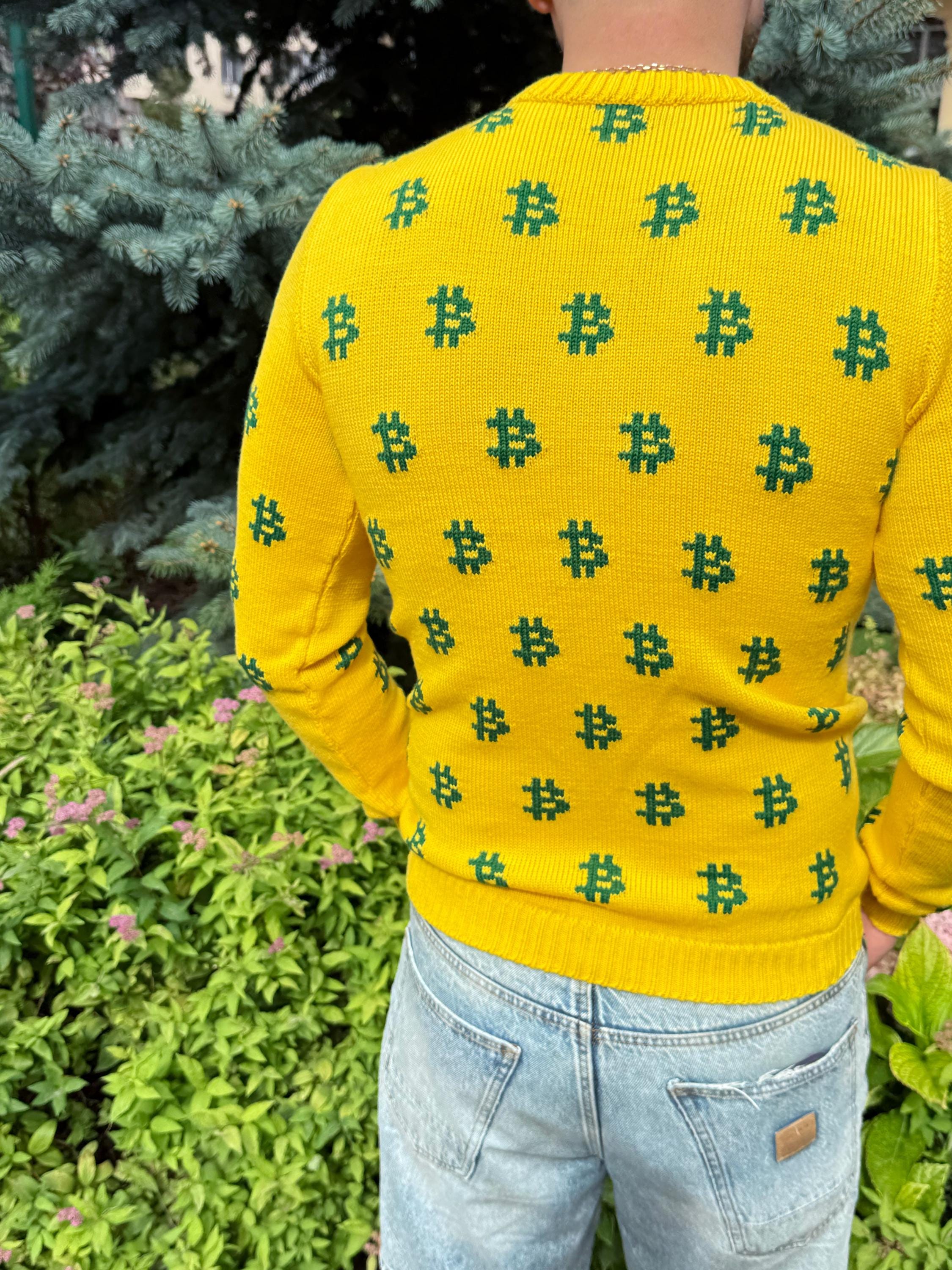 Men Bitcoin knit sweater yellow green Crypto clothing Knitted merino funny sweater for him Bitcoin Unisex Crypto Sweater Funny Sweatshirt