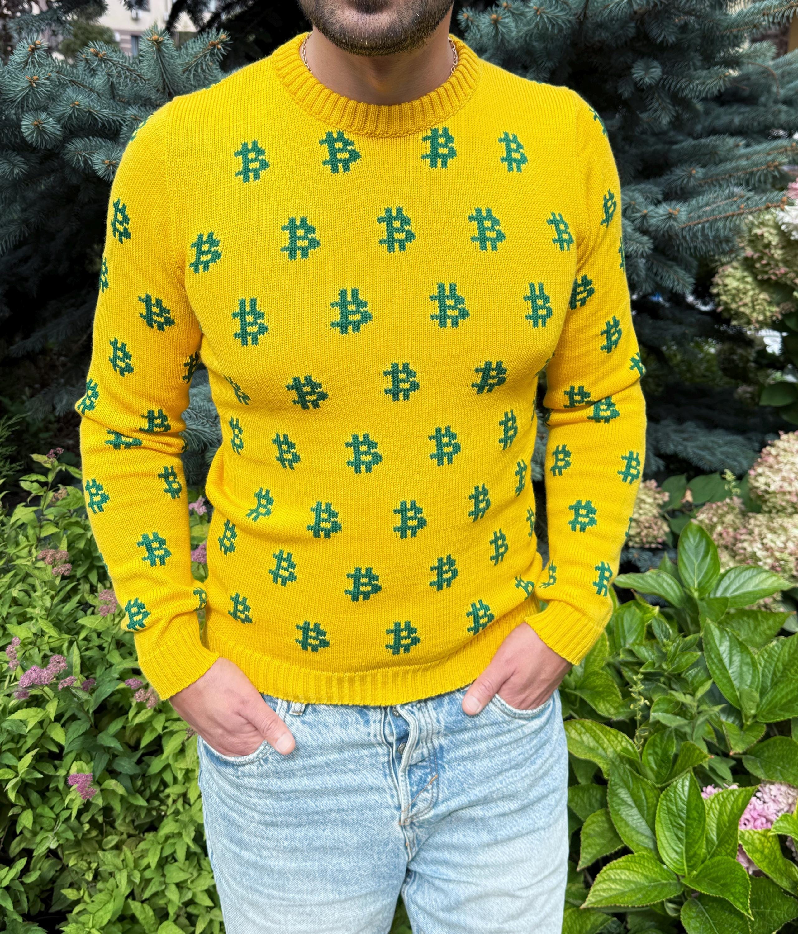 Men Bitcoin knit sweater yellow green Crypto clothing Knitted merino funny sweater for him Bitcoin Unisex Crypto Sweater Funny Sweatshirt