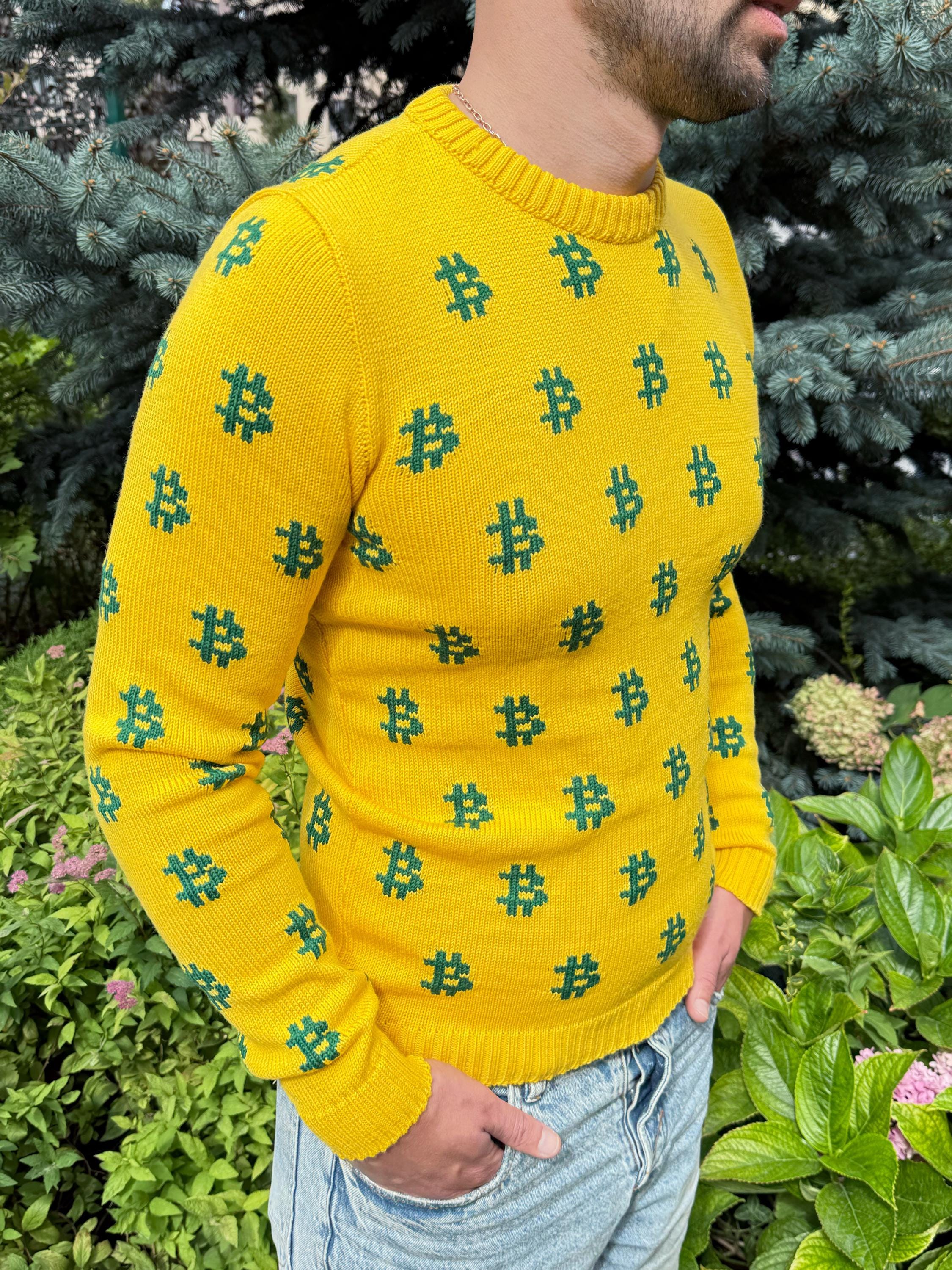 Men Bitcoin knit sweater yellow green Crypto clothing Knitted merino funny sweater for him Bitcoin Unisex Crypto Sweater Funny Sweatshirt