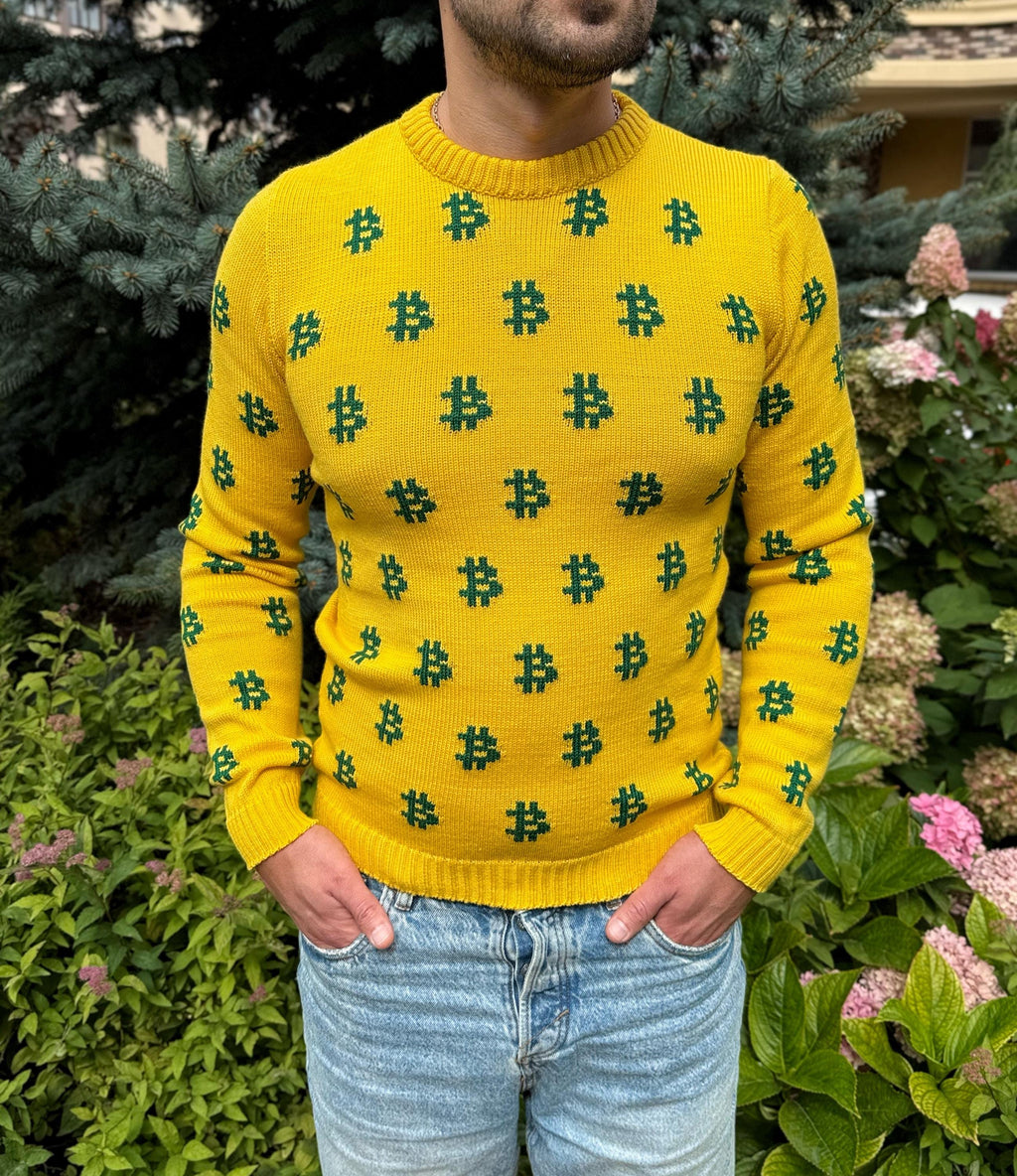 Men Bitcoin knit sweater yellow green Crypto clothing Knitted merino funny sweater for him Bitcoin Unisex Crypto Sweater Funny Sweatshirt