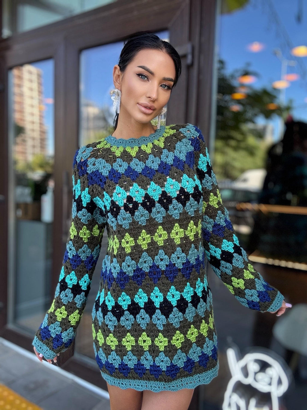 Crochet wool green knit striped sweater dress Crochet afghan dress Boho crochet dress Colorful mini dress Vintage Dress Granny square dress