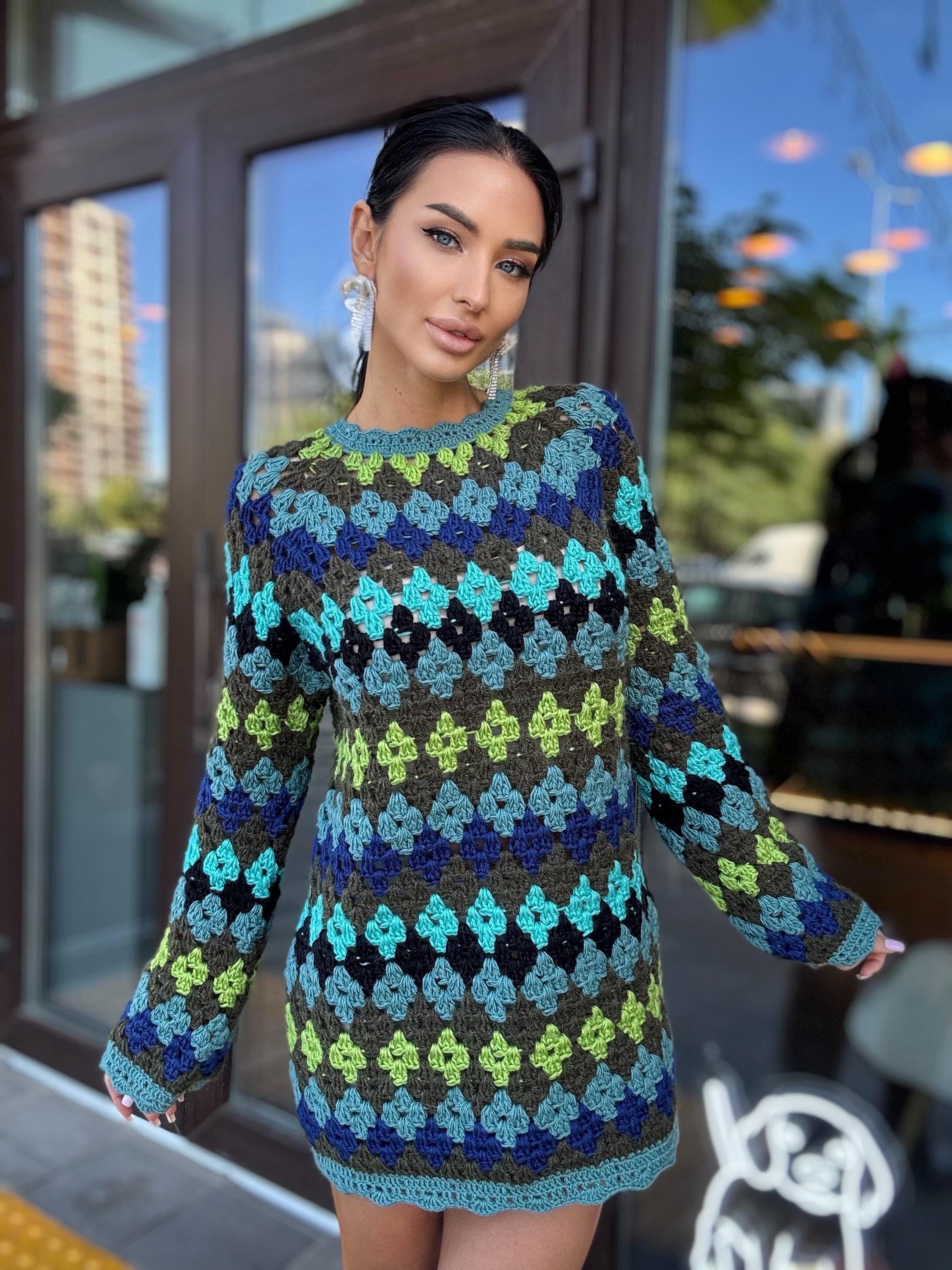 Crochet wool green knit striped sweater dress Crochet afghan dress Boho crochet dress Colorful mini dress Vintage Dress Granny square dress