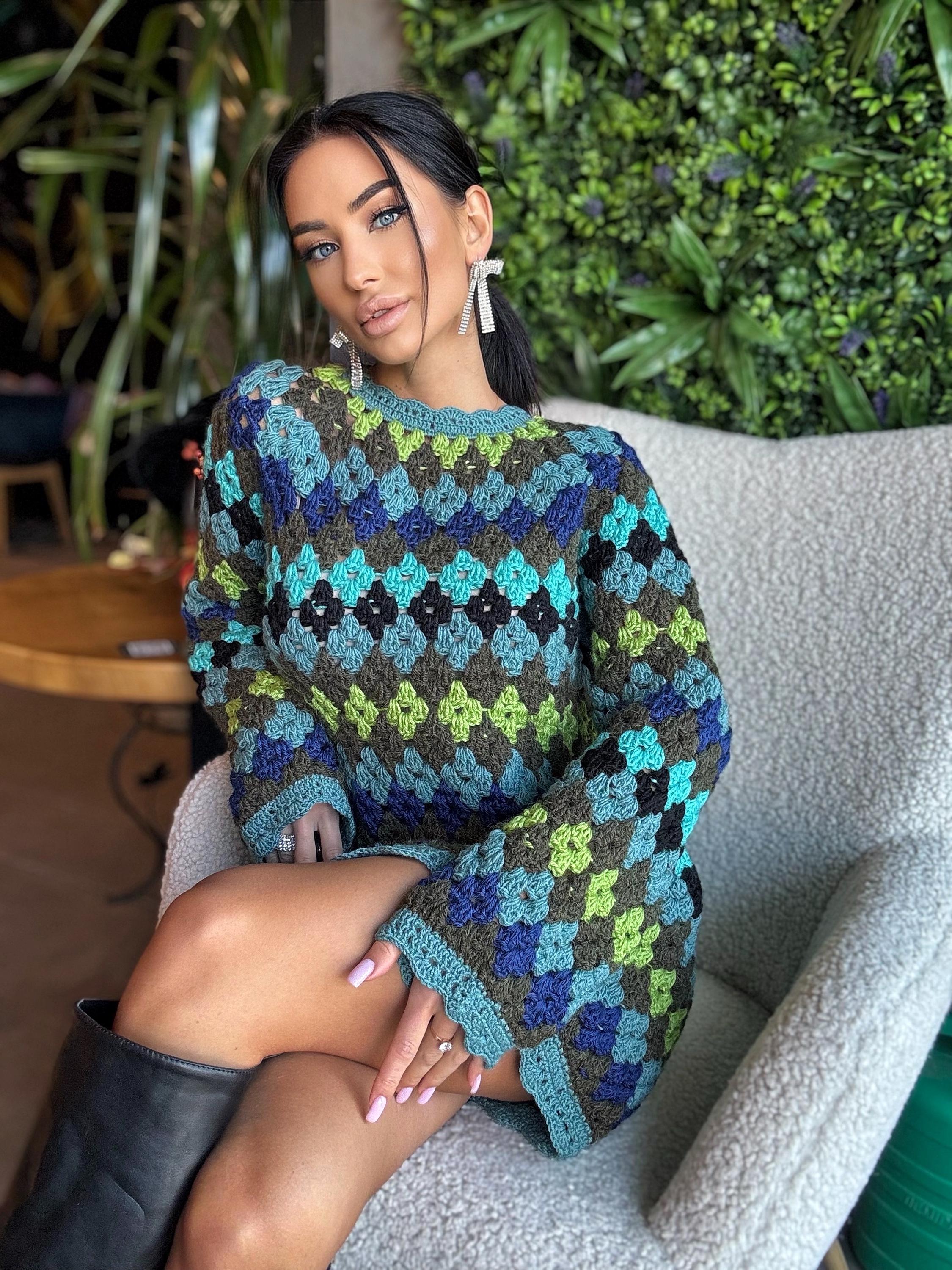 Crochet wool green knit striped sweater dress Crochet afghan dress Boho crochet dress Colorful mini dress Vintage Dress Granny square dress