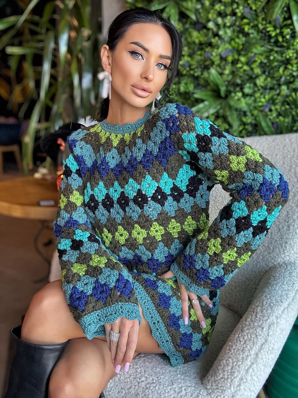 Crochet wool green knit striped sweater dress Crochet afghan dress Boho crochet dress Colorful mini dress Vintage Dress Granny square dress