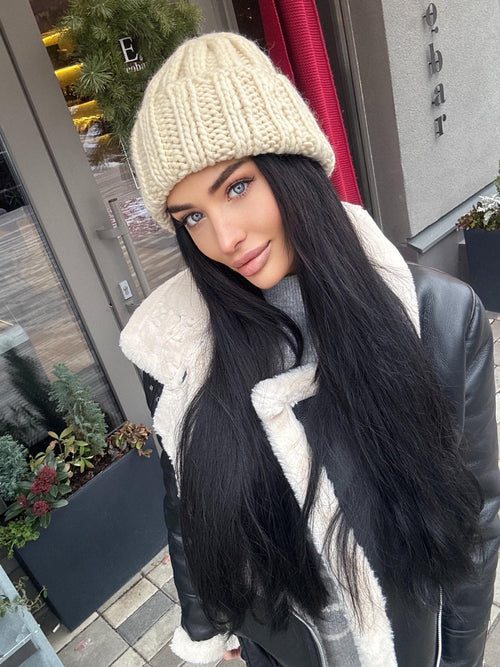 Australian wool chunky hand knit milk Beanie Winter knit hat Big warm winter bulky knitted hat White Beige Pastel knit hand hat