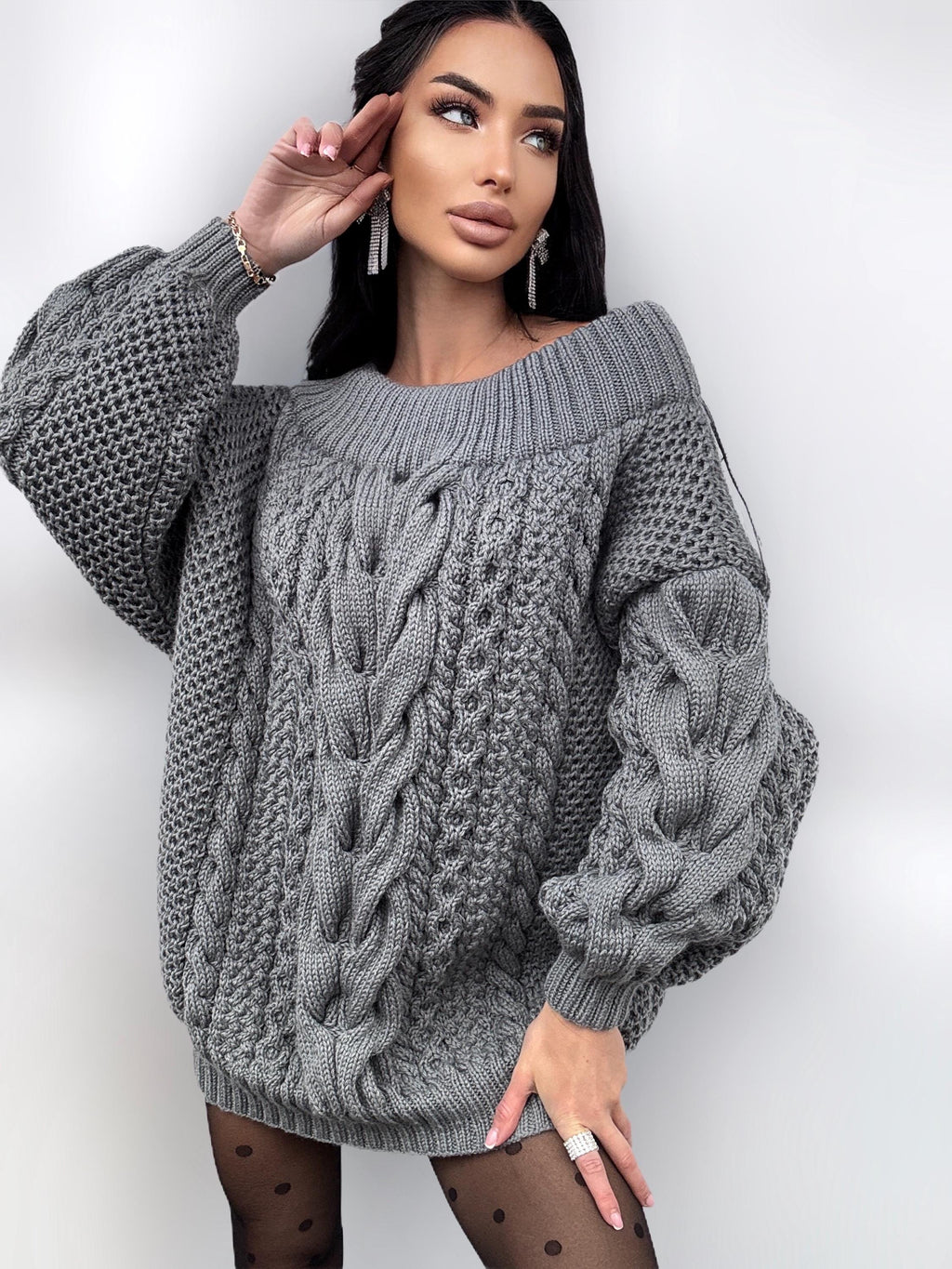 Hand knit sweater dresses women Dark Grey Graphite off shoulder sweater dress Long Cable wool sweater Chunky one shoulder dress cozy pulover