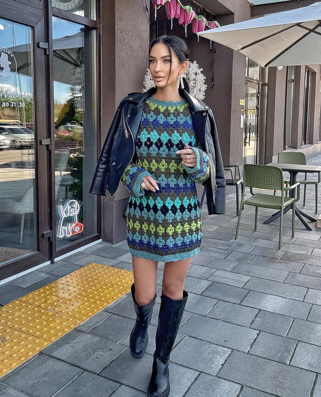 Crochet wool green knit striped sweater dress Crochet afghan dress Boho crochet dress Colorful mini dress Vintage Dress Granny square dress