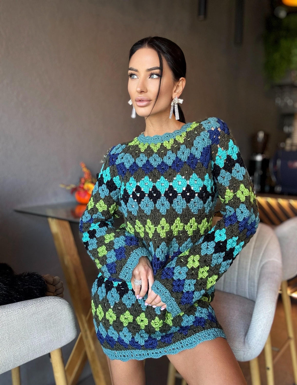 Crochet wool green knit striped sweater dress Crochet afghan dress Boho crochet dress Colorful mini dress Vintage Dress Granny square dress