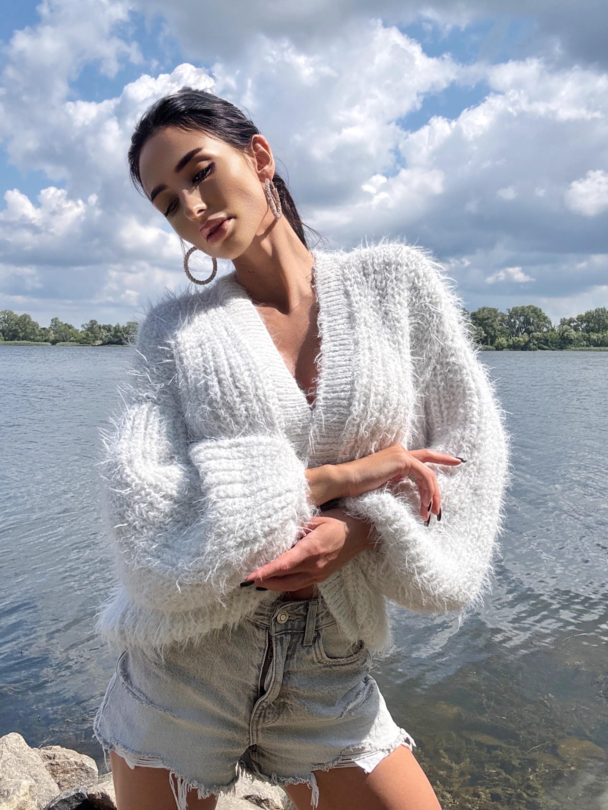 Hand knit White - Grey fluffy merino wool mix cardigan women Wedding wool cardigan Fall shaggy Coat Jacket Women Bridal shrug bolero