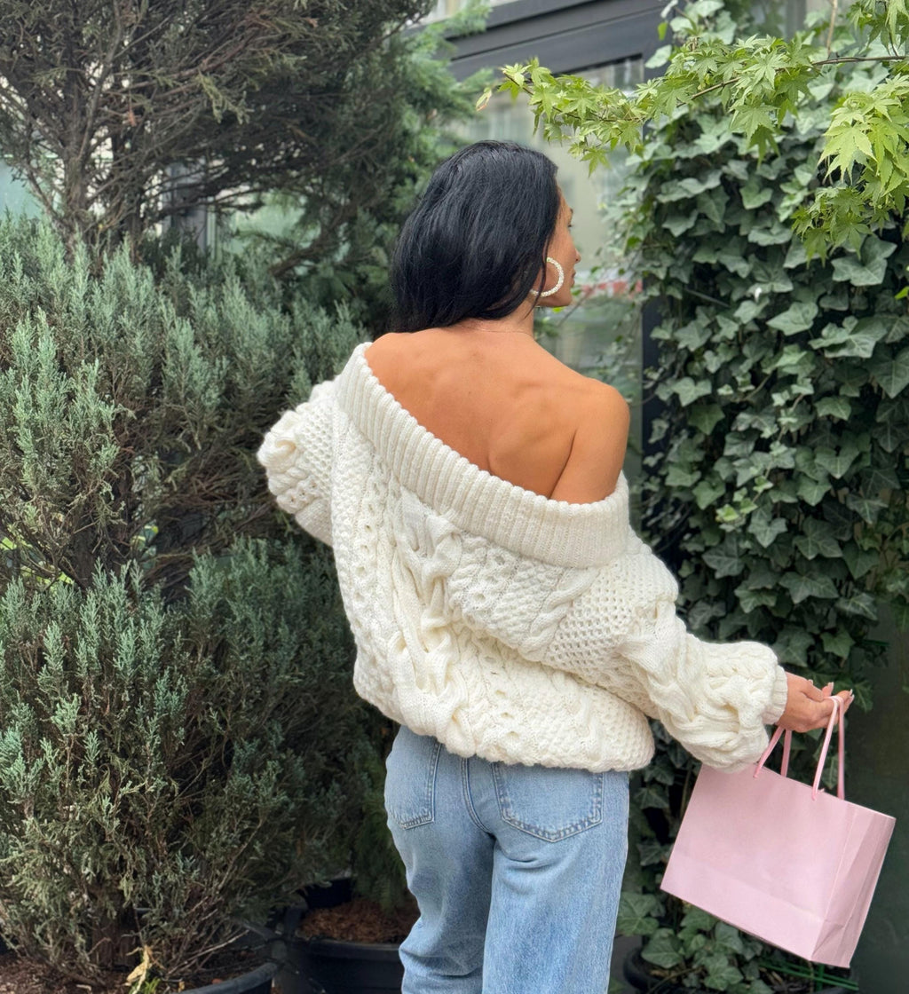 White - milk Cream hand knit merino wool sweater woman Cable knitted «butter color» sweater Loose pullover Сhunky knit bulky off shoulder