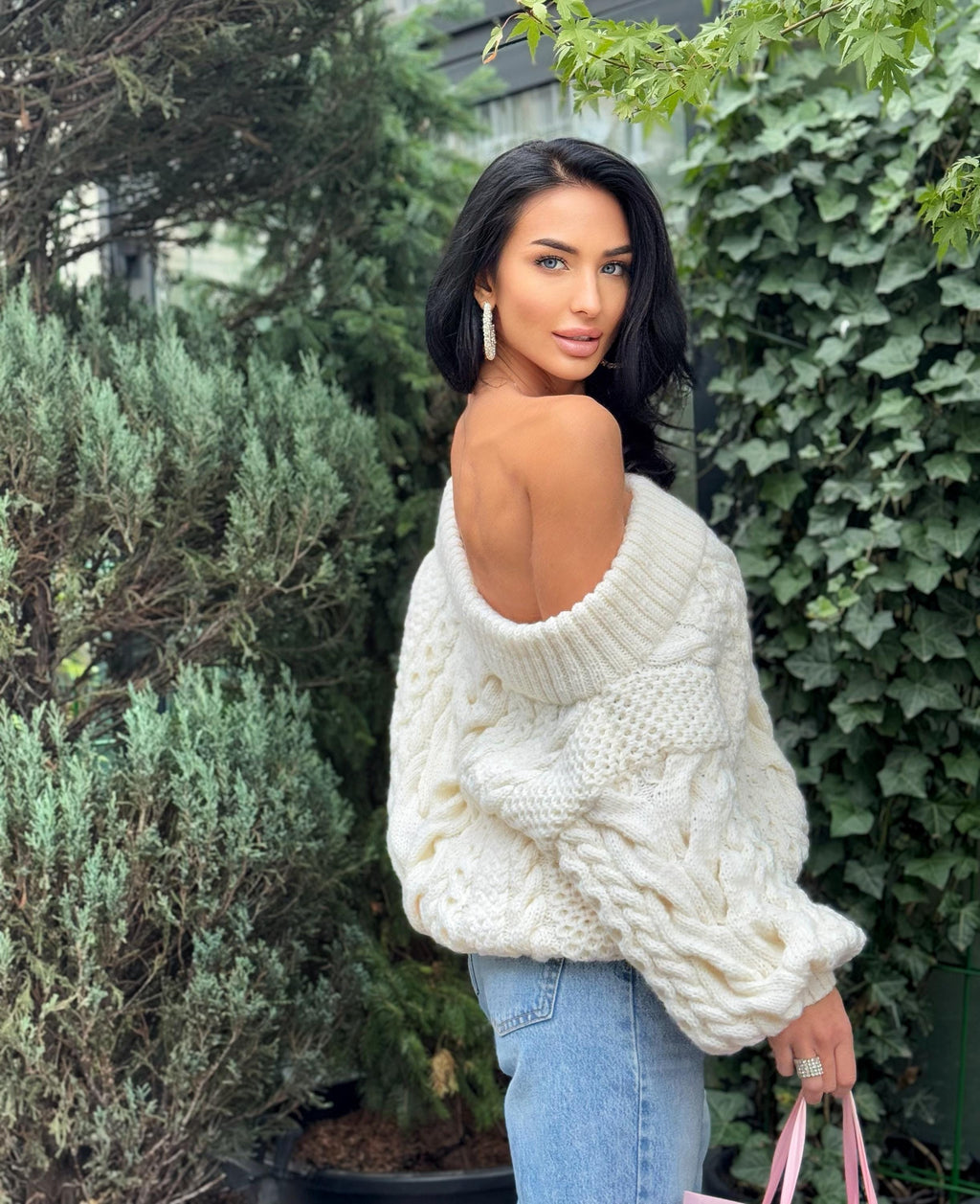 White - milk Cream hand knit merino wool sweater woman Cable knitted «butter color» sweater Loose pullover Сhunky knit bulky off shoulder