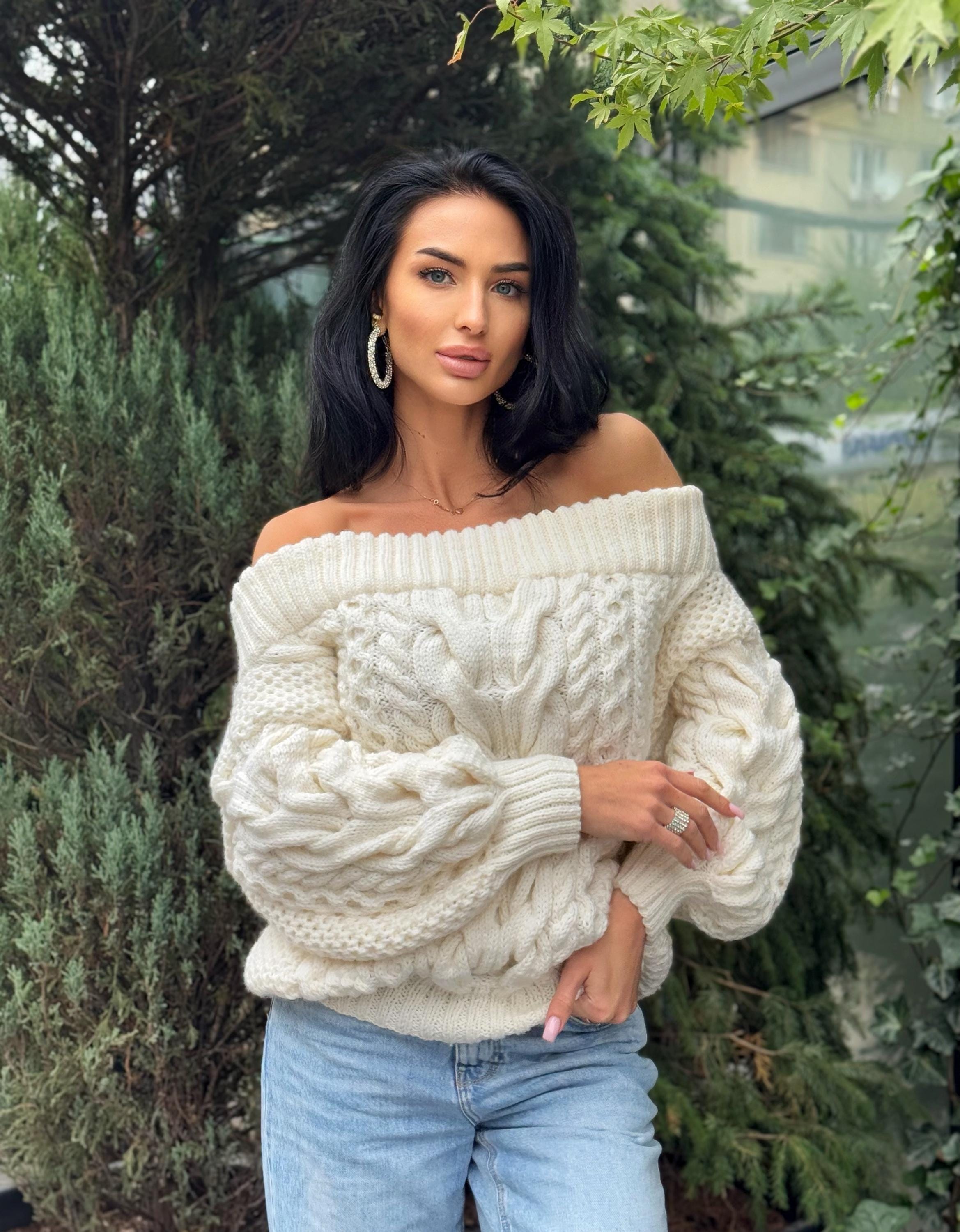 White - milk Cream hand knit merino wool sweater woman Cable knitted «butter color» sweater Loose pullover Сhunky knit bulky off shoulder