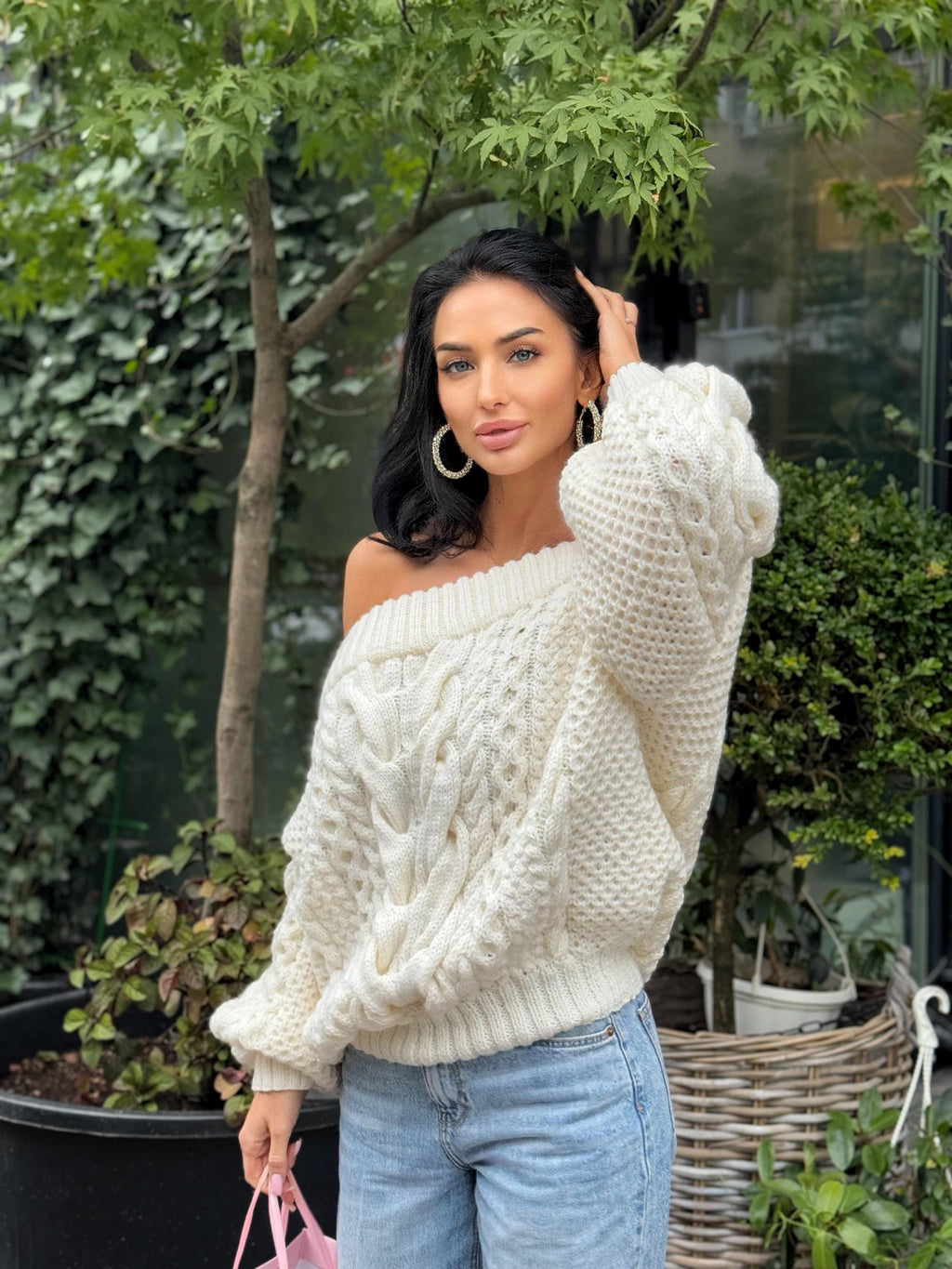 White - milk Cream hand knit merino wool sweater woman Cable knitted «butter color» sweater Loose pullover Сhunky knit bulky off shoulder