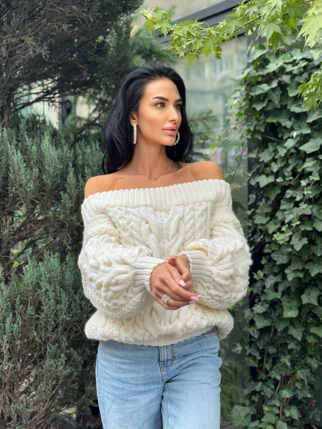 White - milk Cream hand knit merino wool sweater woman Cable knitted «butter color» sweater Loose pullover Сhunky knit bulky off shoulder