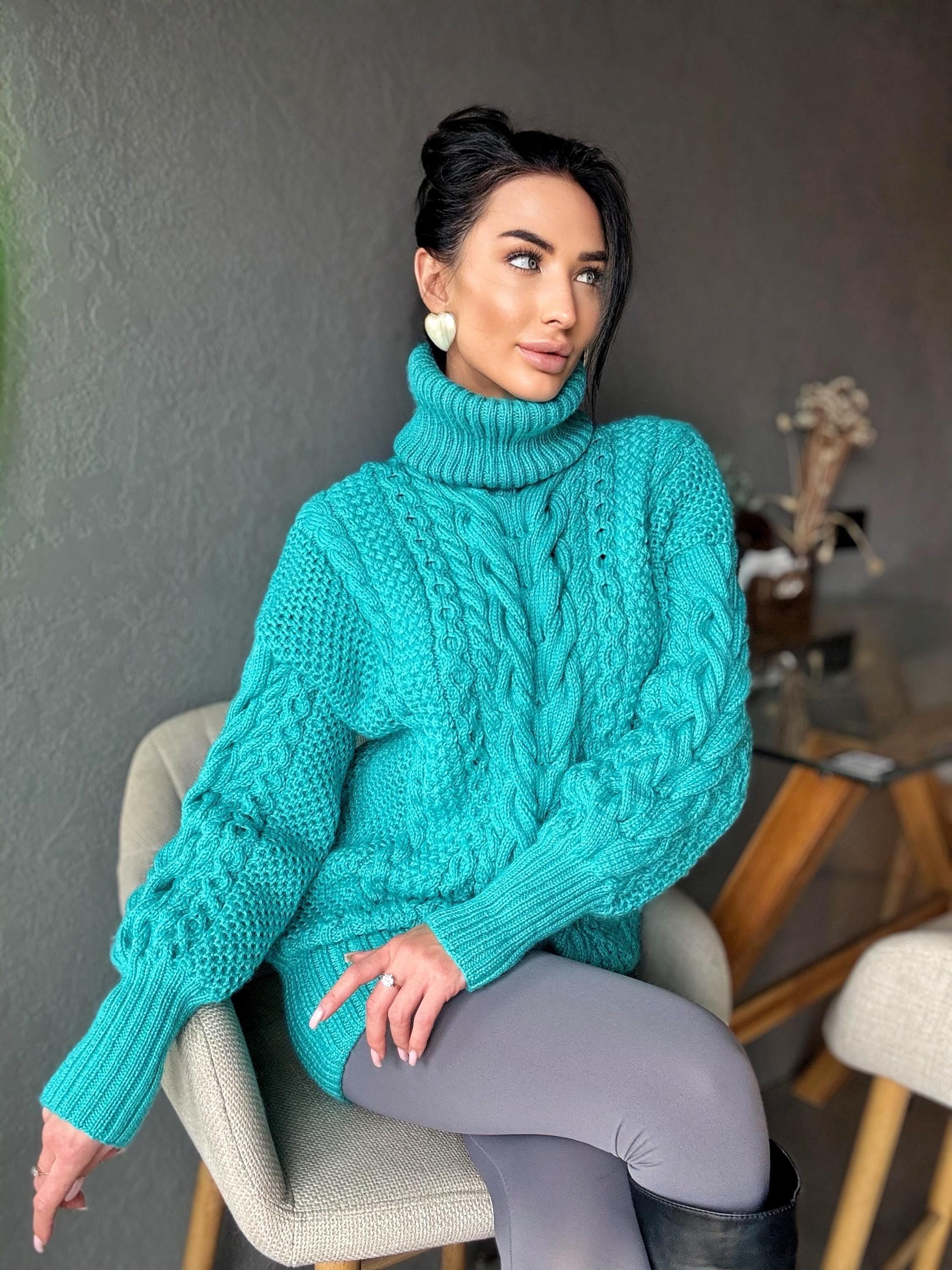 Aran long oversiz emerald big hand knit wool sweater dress Turtleneck green blue cable knit women Сhunky knit sweater High collar Clamp
